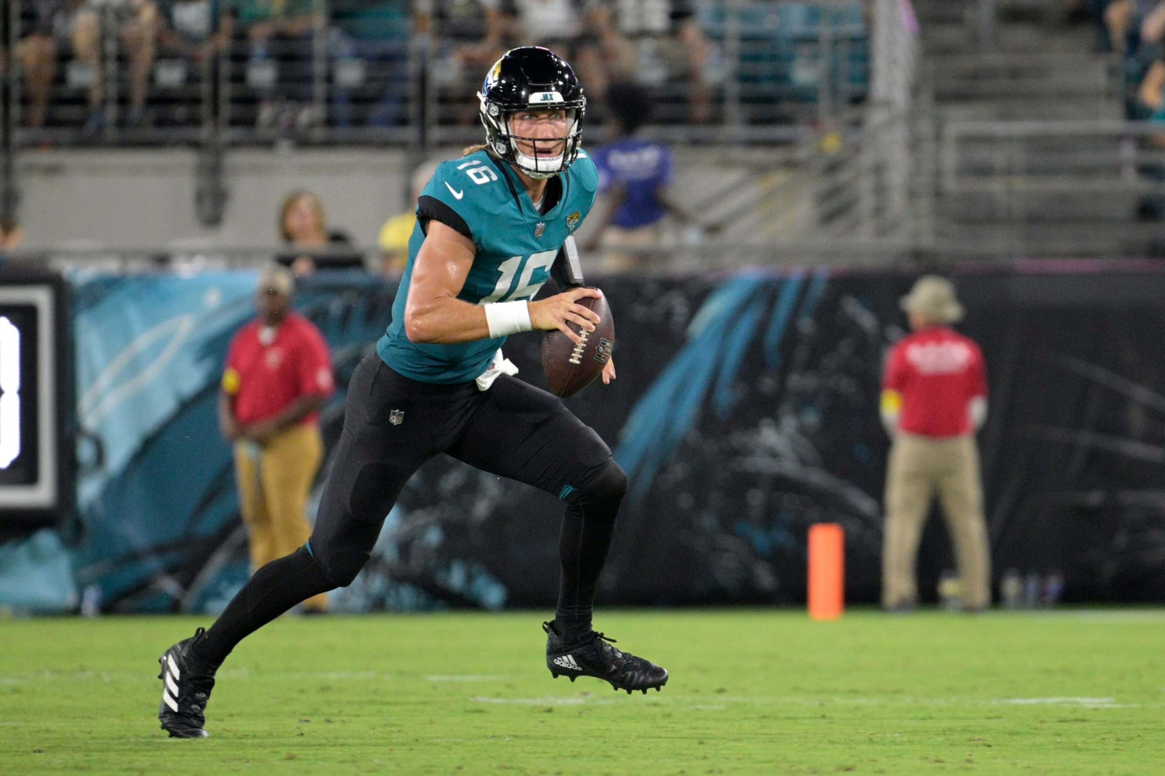 Jacksonville Jaguars quarterback Trevor Lawrence (16) scrambles for yardage during the first half of a preseason NFL football game against the Pittsburgh Steelers, Saturday, Aug. 20, 2022, in Jacksonville, Fla. (AP Photo/Phelan M. Ebenhack) Jacksonville Jaguars quarterback Trevor Lawrence (16) scrambles for yardage during the first half of a preseason NFL football game against the Pittsburgh Steelers, Saturday, Aug. 20, 2022, in Jacksonville, Fla. (AP Photo/Phelan M. Ebenhack)