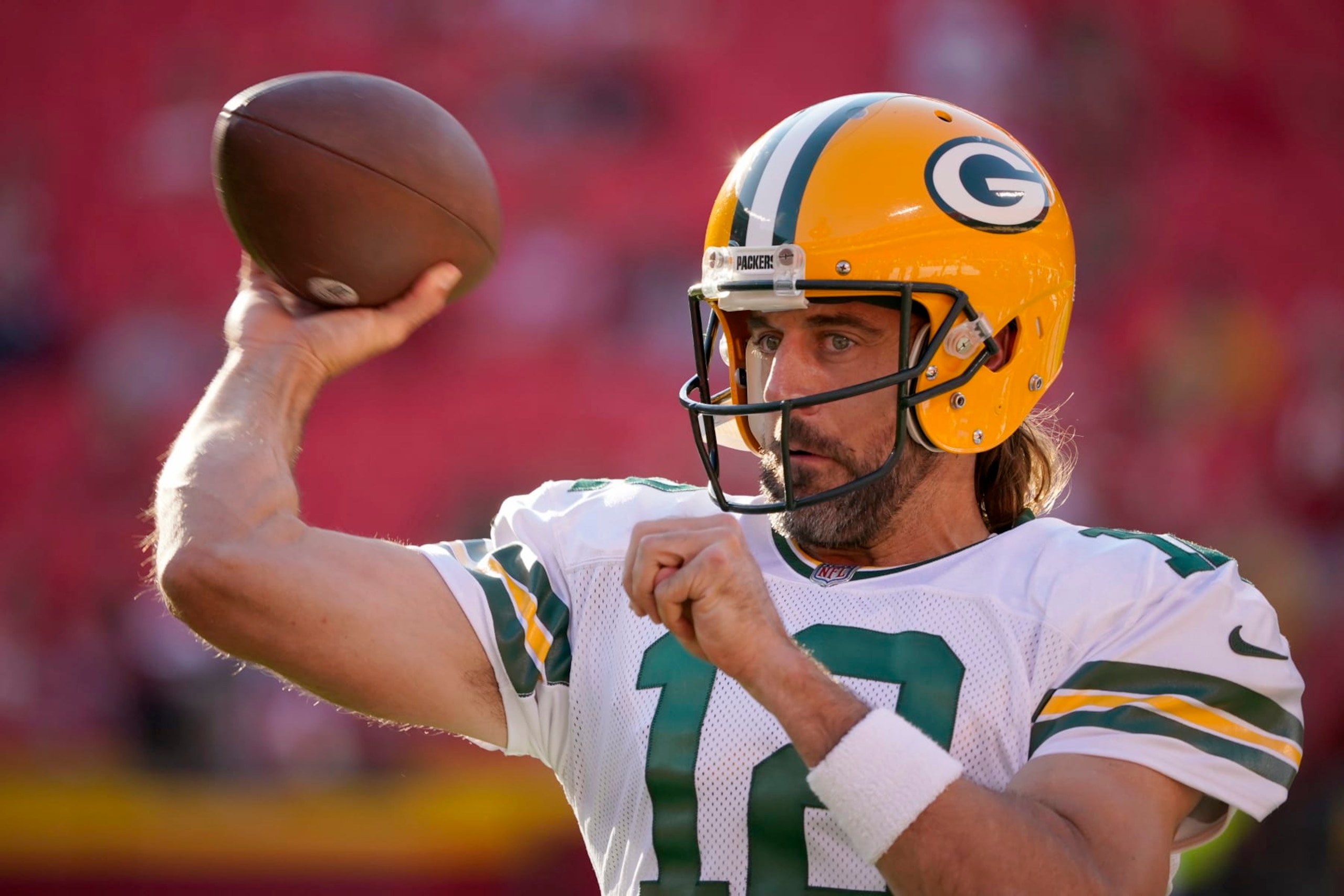 Green Bay Packers quarterback Aaron Rodgers warms up before the start of an NFL preseason football game between the Kansas City Chiefs and the Green Bay Packers Thursday, Aug. 25, 2022, in Kansas City, Mo. (AP Photo/Ed Zurga)