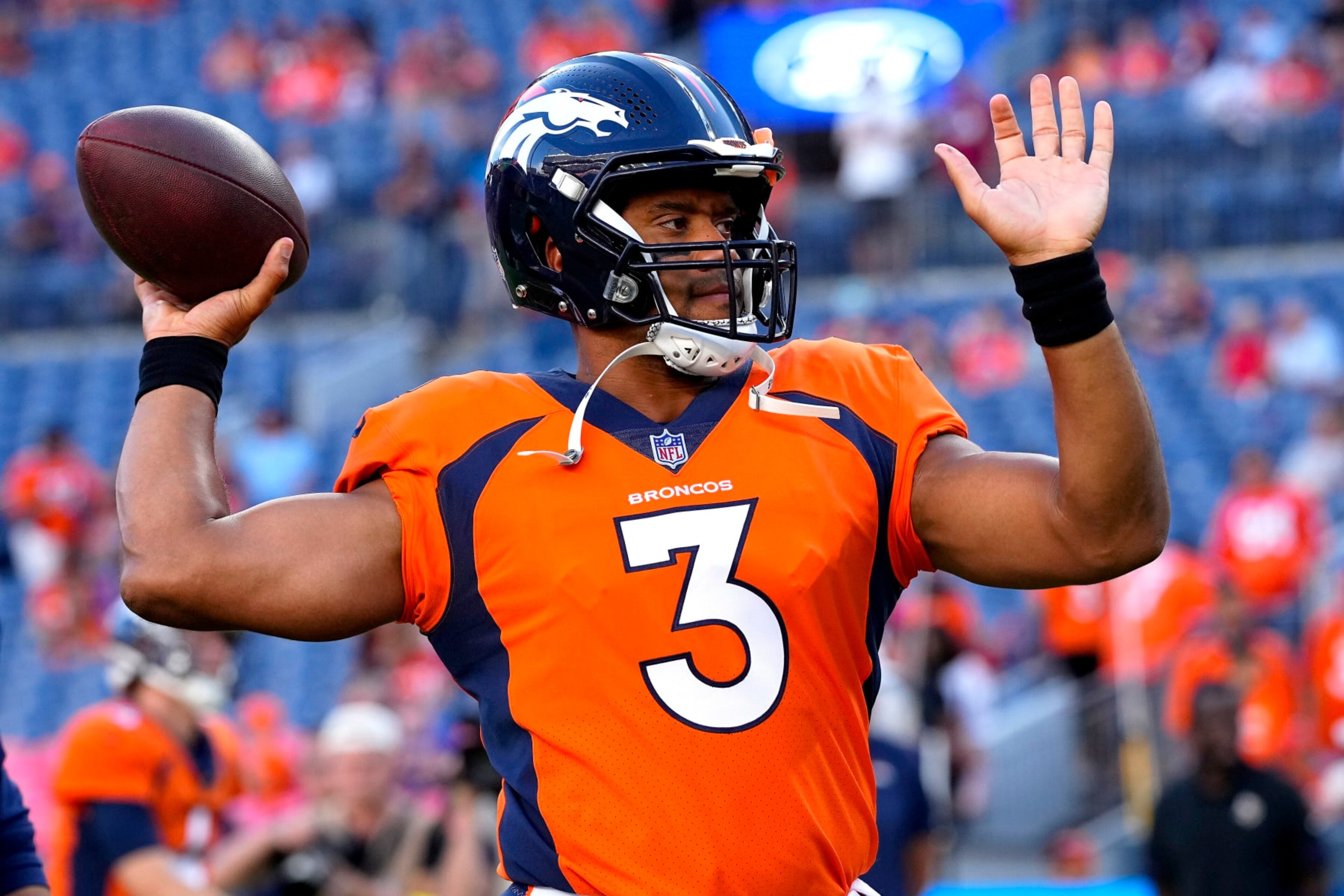 Denver Broncos quarterback Russell Wilson (3) warms up prior to an NFL preseason football game against the Minnesota Vikings, Saturday, Aug. 27, 2022, in Denver. (AP Photo/Jack Dempsey) Denver Broncos quarterback Russell Wilson (3) warms up prior to an NFL preseason football game against the Minnesota Vikings, Saturday, Aug. 27, 2022, in Denver. (AP Photo/Jack Dempsey)