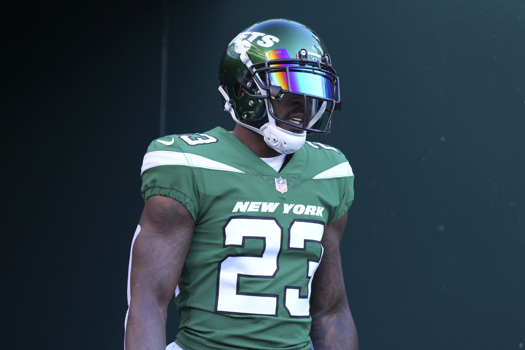 PHILADELPHIA, PA - AUGUST 12: Tevin Coleman #23 of the New York Jets looks on against the Philadelphia Eagles during the preseason game at Lincoln Financial Field on August 12, 2022 in Philadelphia, Pennsylvania. The Jets defeated the Eagles 24-21. (Photo by Mitchell Leff/Getty Images)