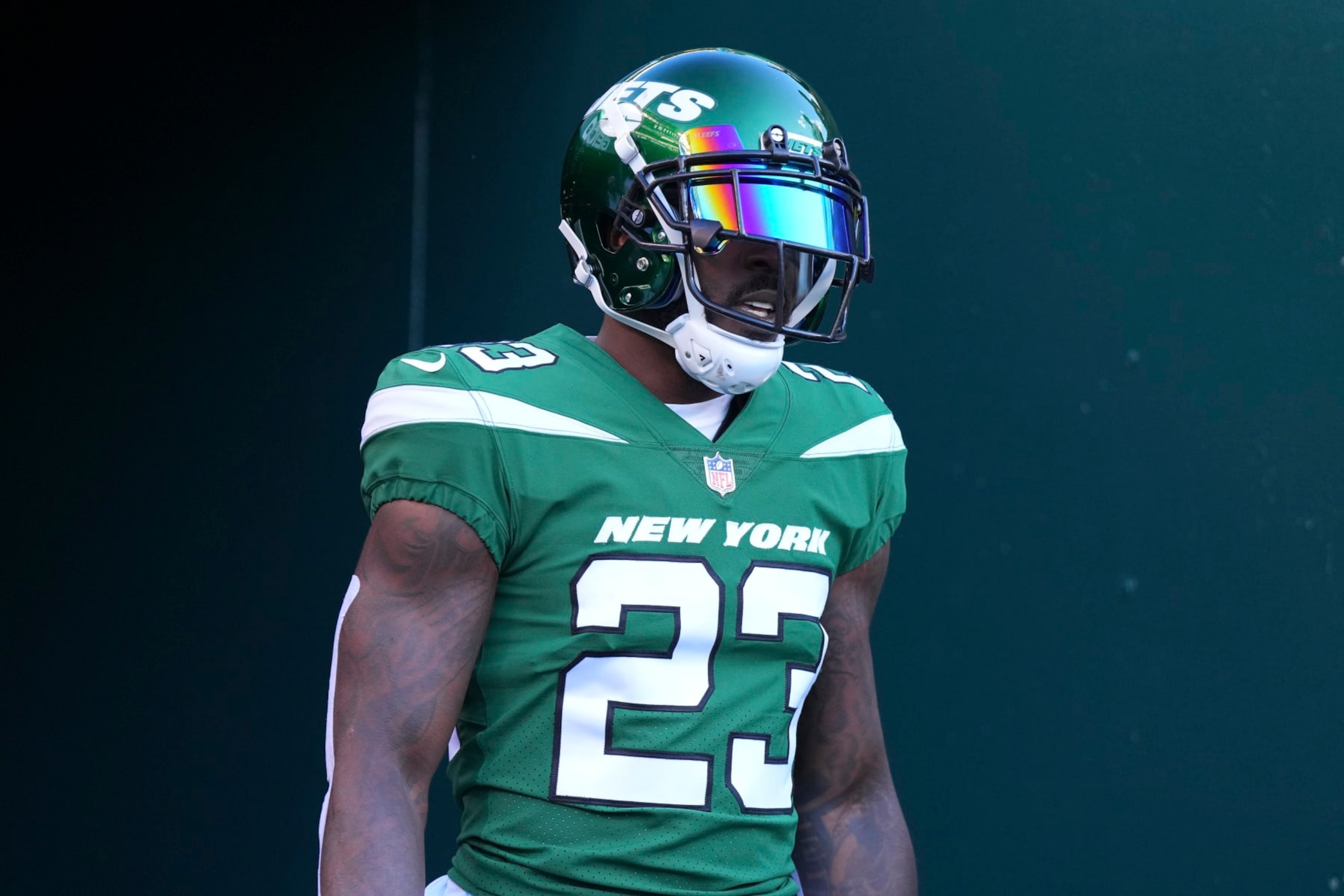 PHILADELPHIA, PA - AUGUST 12: Tevin Coleman #23 of the New York Jets looks on against the Philadelphia Eagles during the preseason game at Lincoln Financial Field on August 12, 2022 in Philadelphia, Pennsylvania. The Jets defeated the Eagles 24-21. (Photo by Mitchell Leff/Getty Images)