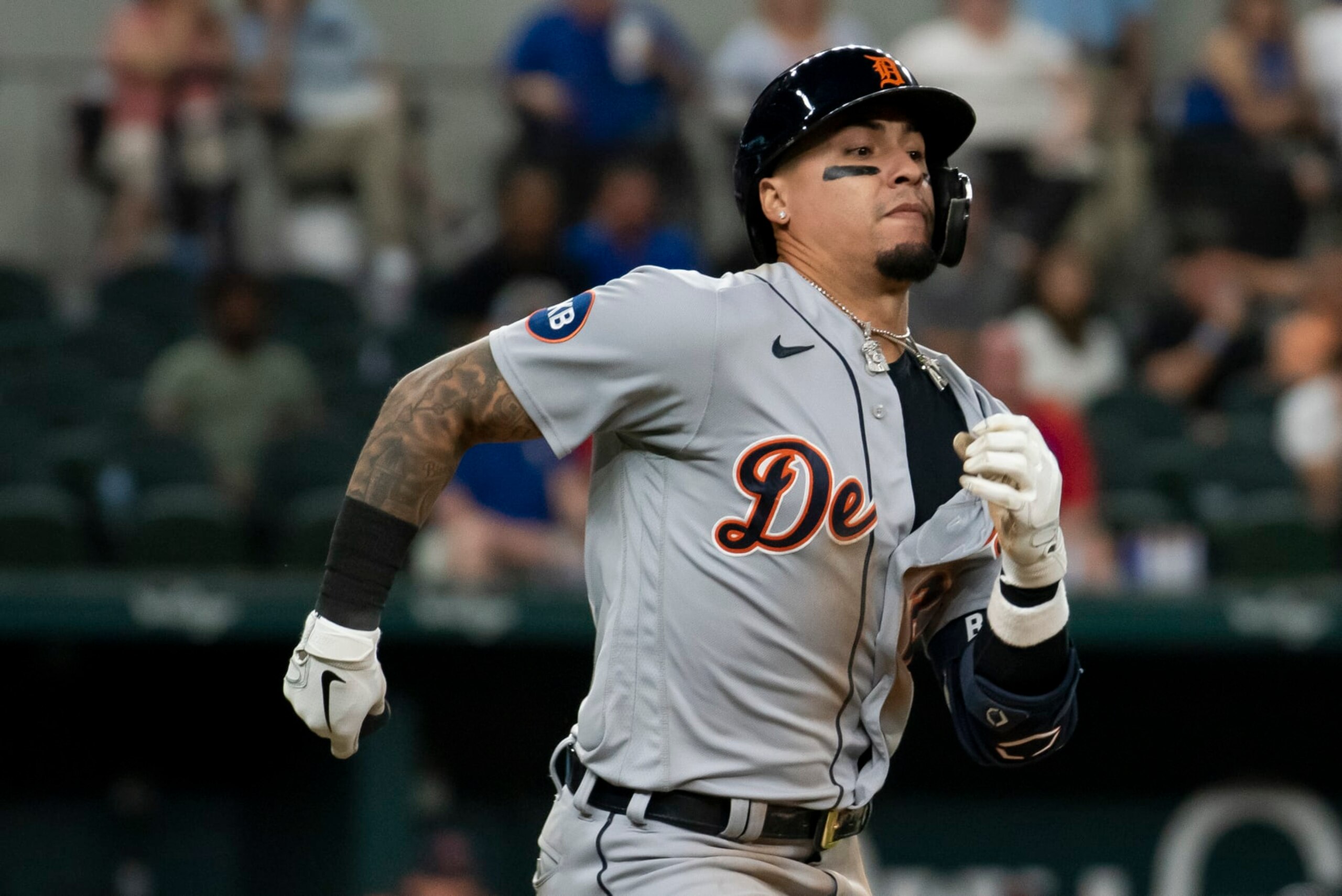 ARLINGTON, TEXAS - AUGUST 26: Javier Baez #28 of the Detroit Tigers sprints down the first base line to beat a throw against the Texas Rangers at Globe Life Field on August 26, 2022 in Arlington, Texas. (Photo by Emil Lippe/Getty Images)