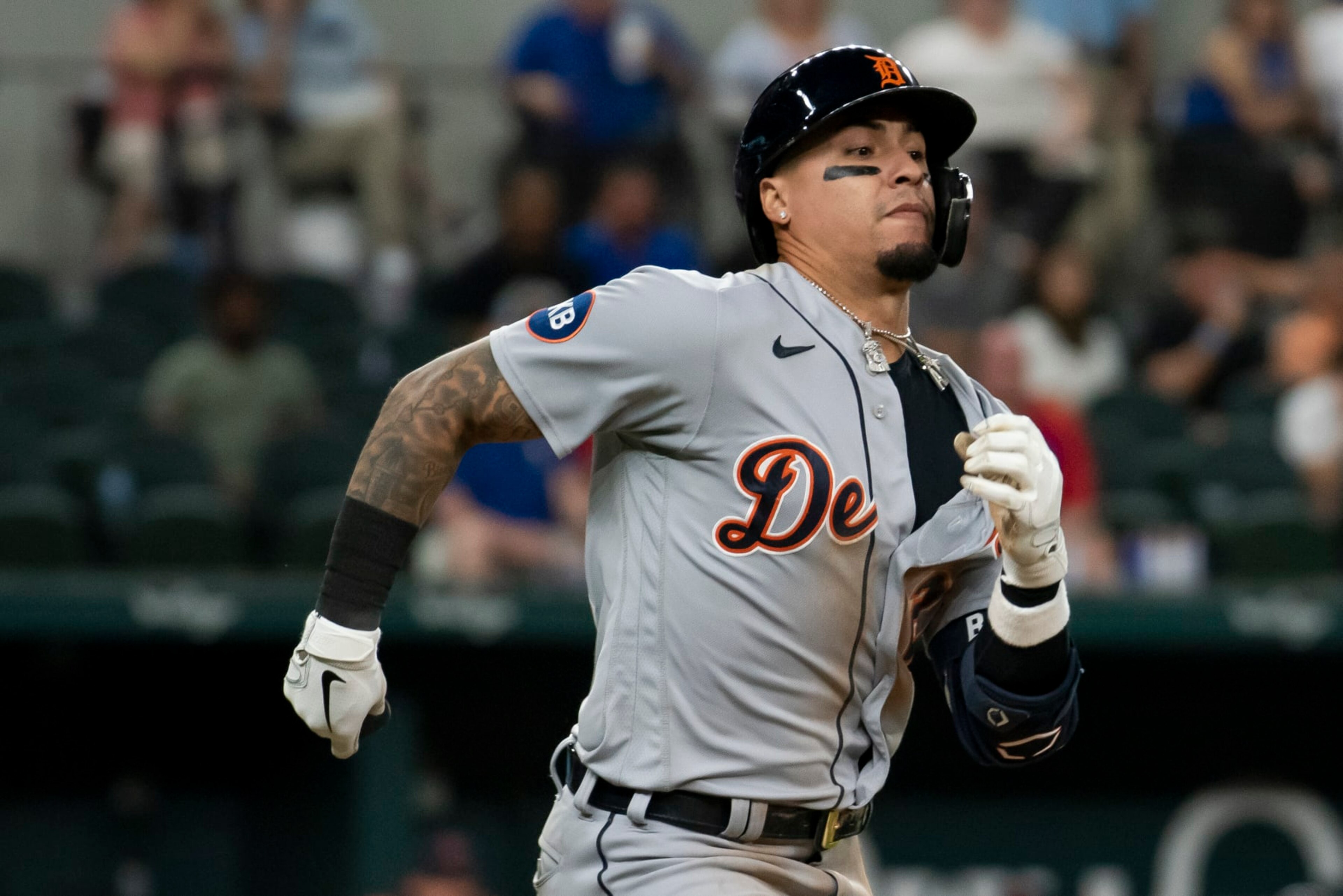 ARLINGTON, TEXAS - AUGUST 26: Javier Baez #28 of the Detroit Tigers sprints down the first base line to beat a throw against the Texas Rangers at Globe Life Field on August 26, 2022 in Arlington, Texas. (Photo by Emil Lippe/Getty Images)
