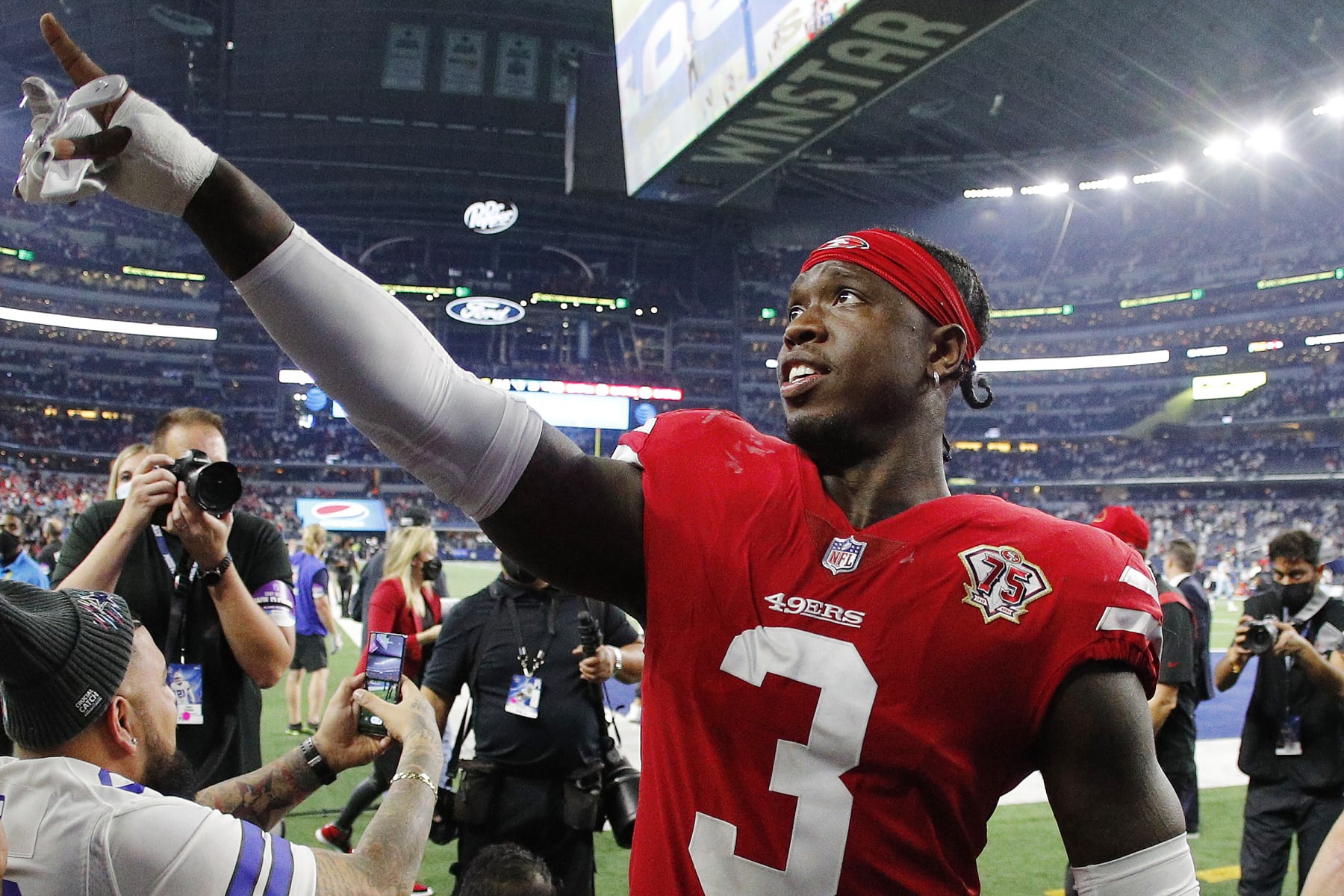 ARLINGTON, TEXAS - JANUARY 16: Jaquiski Tartt #3 of the San Francisco 49ers walks off the field after defeating the Dallas Cowboys 23-17 in the NFC Wild Card Playoff game at AT&T Stadium on January 16, 2022 in Arlington, Texas. (Photo by Richard Rodriguez/Getty Images)