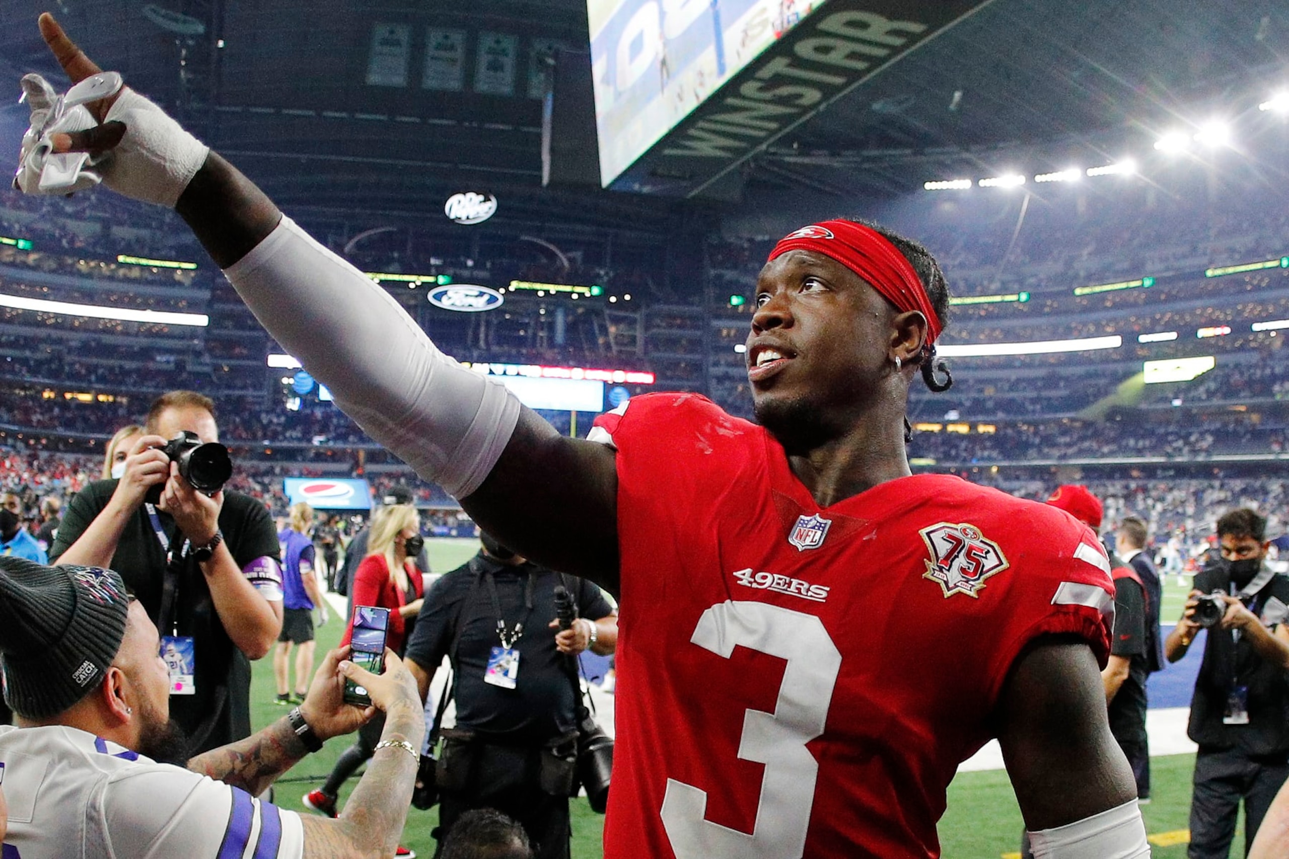 ARLINGTON, TEXAS - JANUARY 16: Jaquiski Tartt #3 of the San Francisco 49ers walks off the field after defeating the Dallas Cowboys 23-17 in the NFC Wild Card Playoff game at AT&T Stadium on January 16, 2022 in Arlington, Texas. (Photo by Richard Rodriguez/Getty Images)