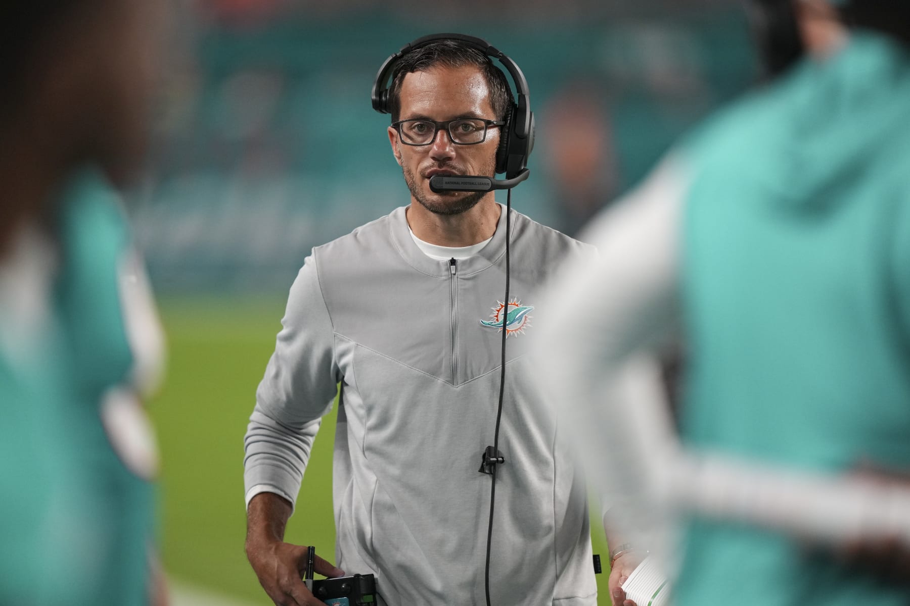 MIAMI GARDENS, FLORIDA - AUGUST 27: Head Coach Mike McDaniel of the Miami Dolphins on the sidelines during the first half of the preseason game against the Philadelphia Eagles  at Hard Rock Stadium on August 27, 2022 in Miami Gardens, Florida. (Photo by Eric Espada/Getty Images)