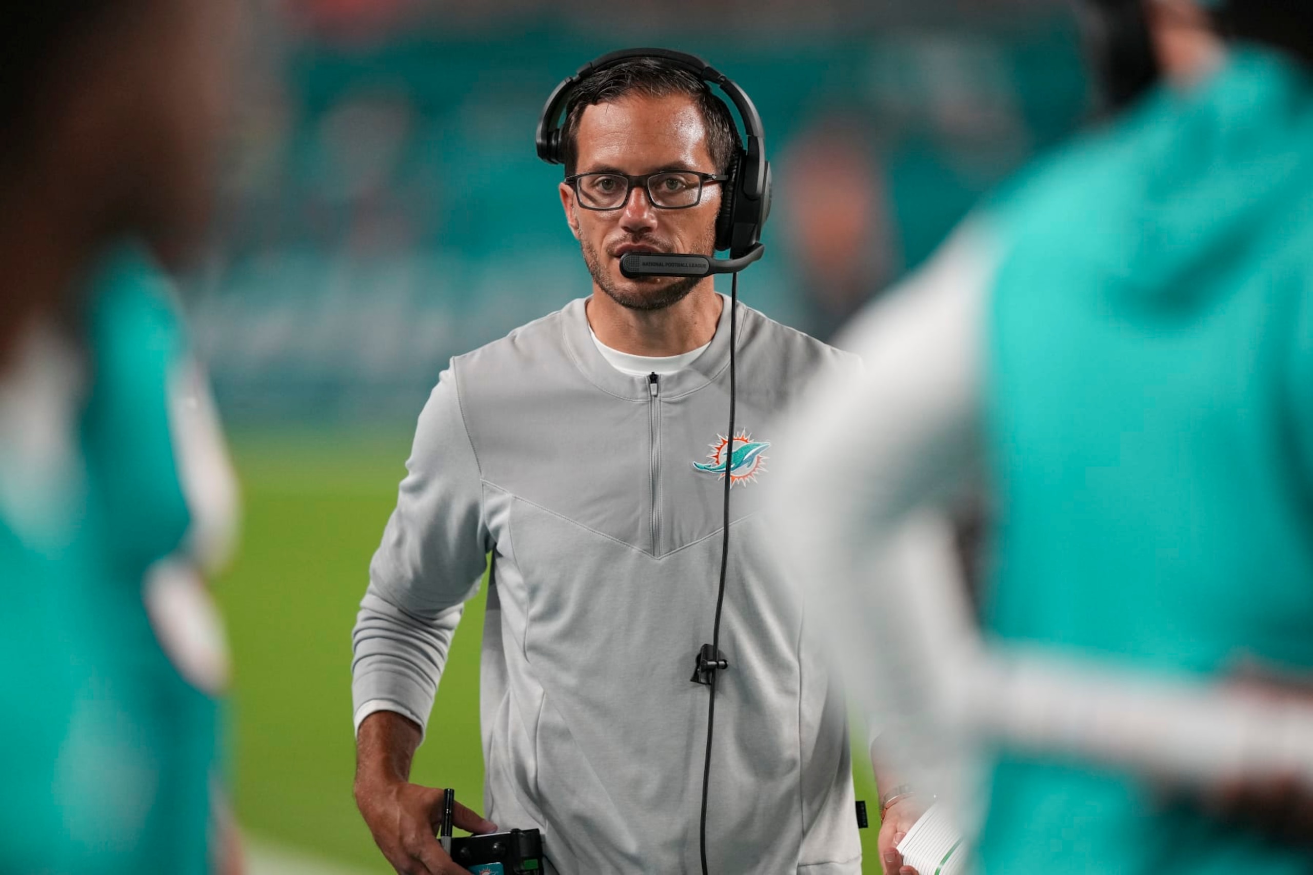 MIAMI GARDENS, FLORIDA - AUGUST 27: Head Coach Mike McDaniel of the Miami Dolphins on the sidelines during the first half of the preseason game against the Philadelphia Eagles  at Hard Rock Stadium on August 27, 2022 in Miami Gardens, Florida. (Photo by Eric Espada/Getty Images)