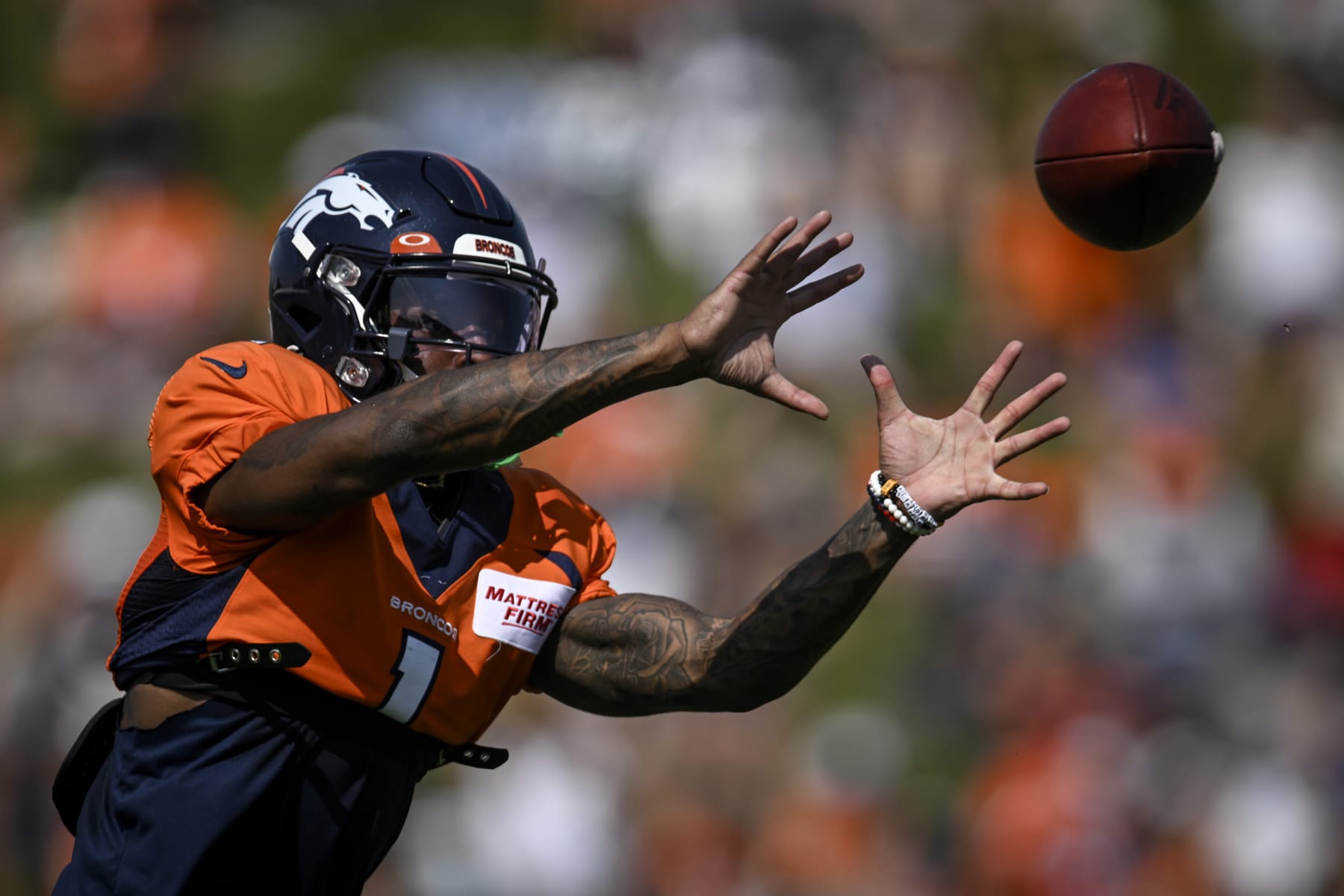 ENGLEWOOD , CO - AUGUST 1: KJ Hamler (1) of the Denver Broncos returns to practice after a nearly yearlong ACL injury during training camp at UCHealth Training Center on Monday, August 1, 2022. (Photo by AAron Ontiveroz/MediaNews Group/The Denver Post via Getty Images)