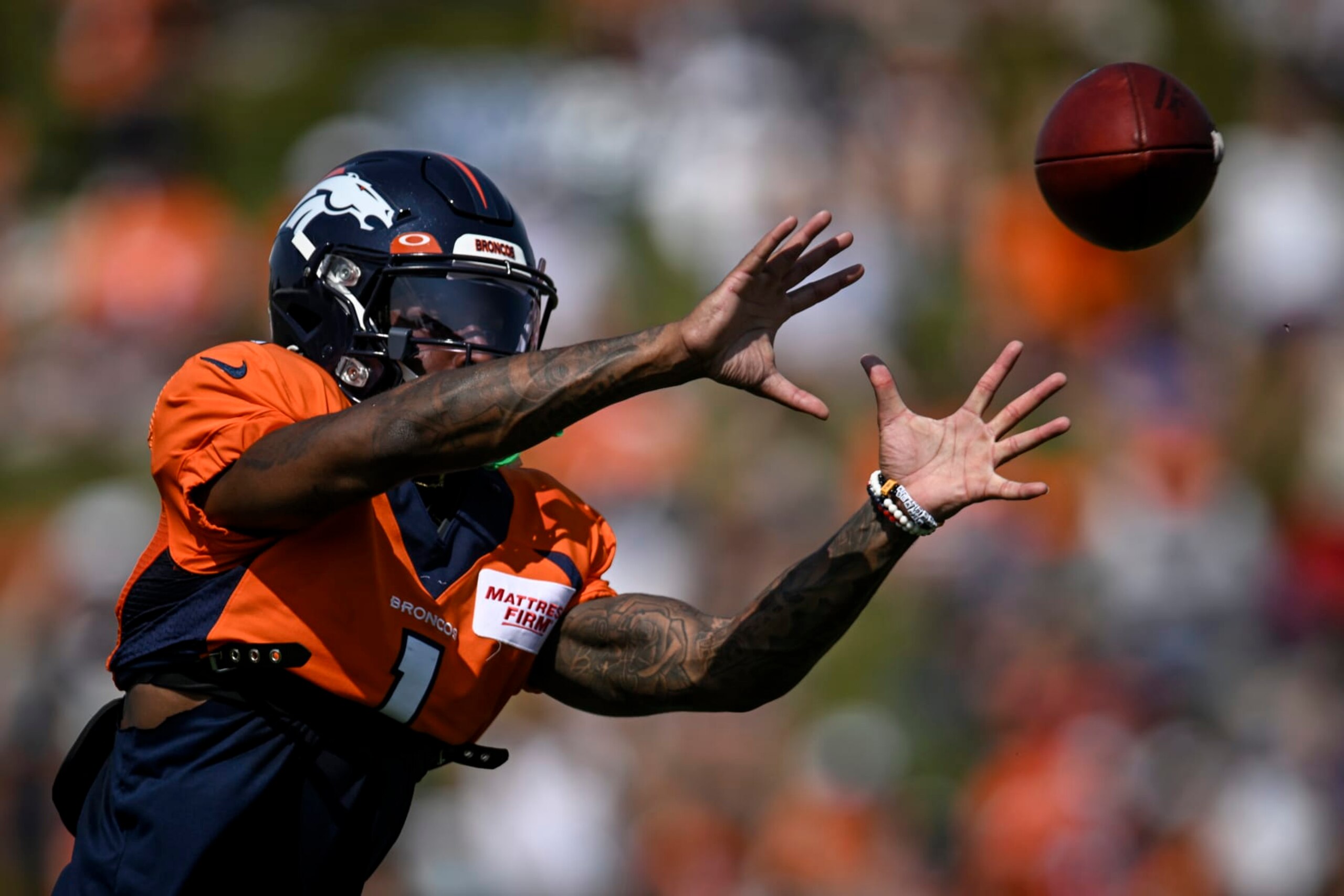 ENGLEWOOD , CO - AUGUST 1: KJ Hamler (1) of the Denver Broncos returns to practice after a nearly yearlong ACL injury during training camp at UCHealth Training Center on Monday, August 1, 2022. (Photo by AAron Ontiveroz/MediaNews Group/The Denver Post via Getty Images)