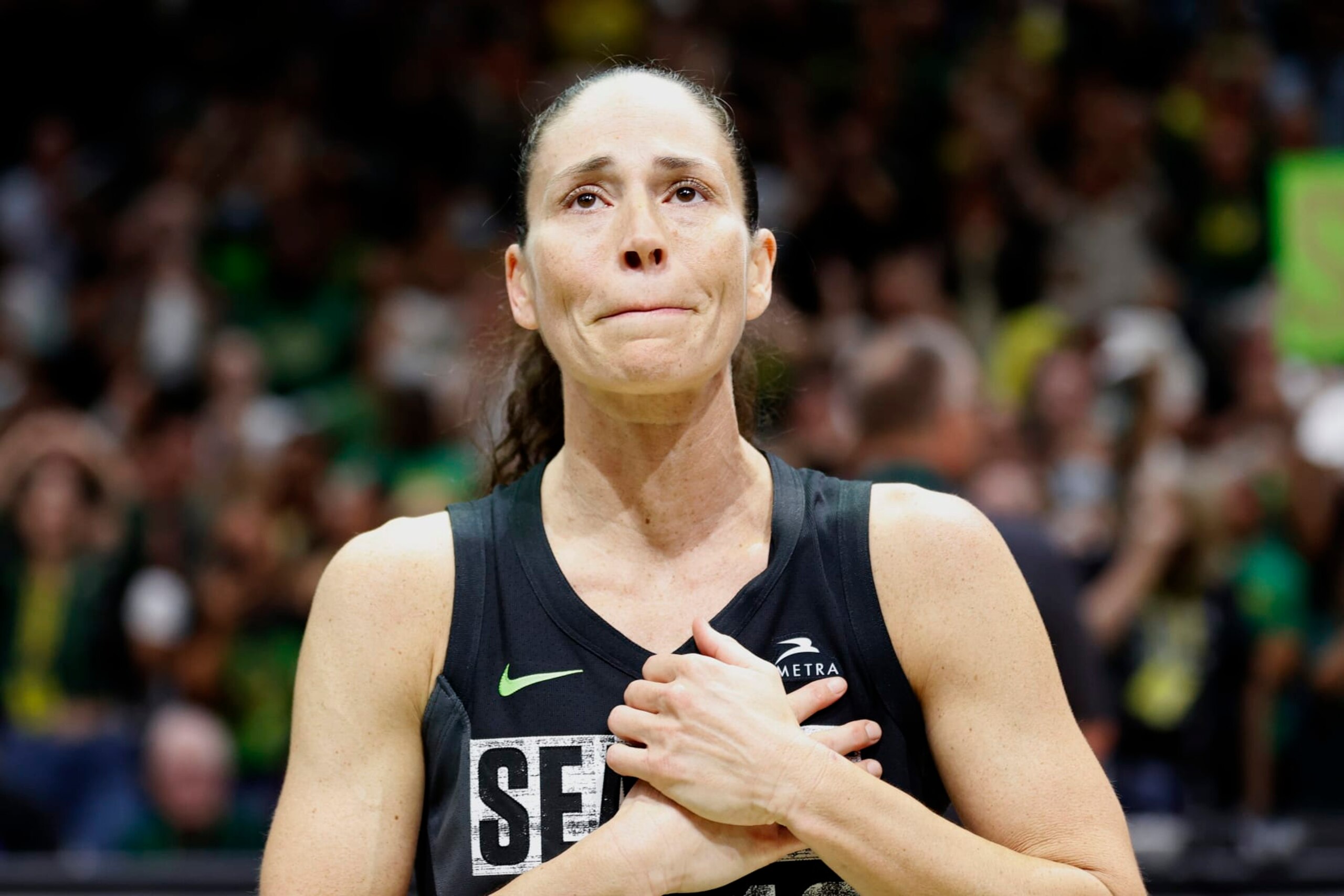 SEATTLE, WASHINGTON - SEPTEMBER 06: Sue Bird #10 of the Seattle Storm reacts after losing to the Las Vegas Aces 97-92 in her final game of her career during Game Four of the 2022 WNBA Playoffs semifinals at Climate Pledge Arena on September 06, 2022 in Seattle, Washington. (Photo by Steph Chambers/Getty Images)