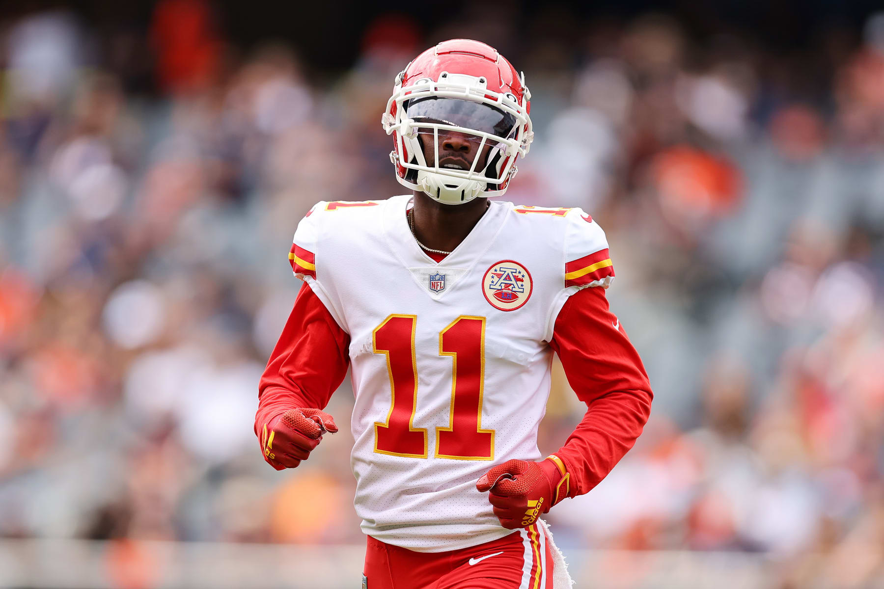 CHICAGO, ILLINOIS - AUGUST 13: Marquez Valdes-Scantling #11 of the Kansas City Chiefs looks on against the Chicago Bears during the first half of the preseason game at Soldier Field on August 13, 2022 in Chicago, Illinois. (Photo by Michael Reaves/Getty Images)