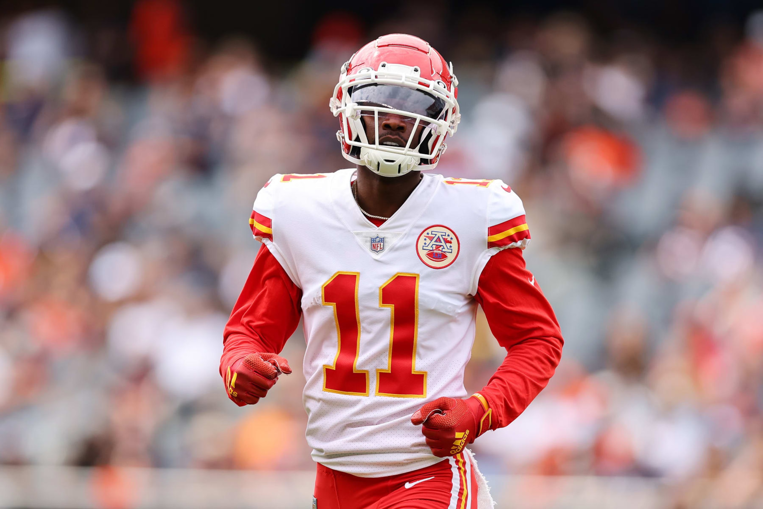 CHICAGO, ILLINOIS - AUGUST 13: Marquez Valdes-Scantling #11 of the Kansas City Chiefs looks on against the Chicago Bears during the first half of the preseason game at Soldier Field on August 13, 2022 in Chicago, Illinois. (Photo by Michael Reaves/Getty Images)