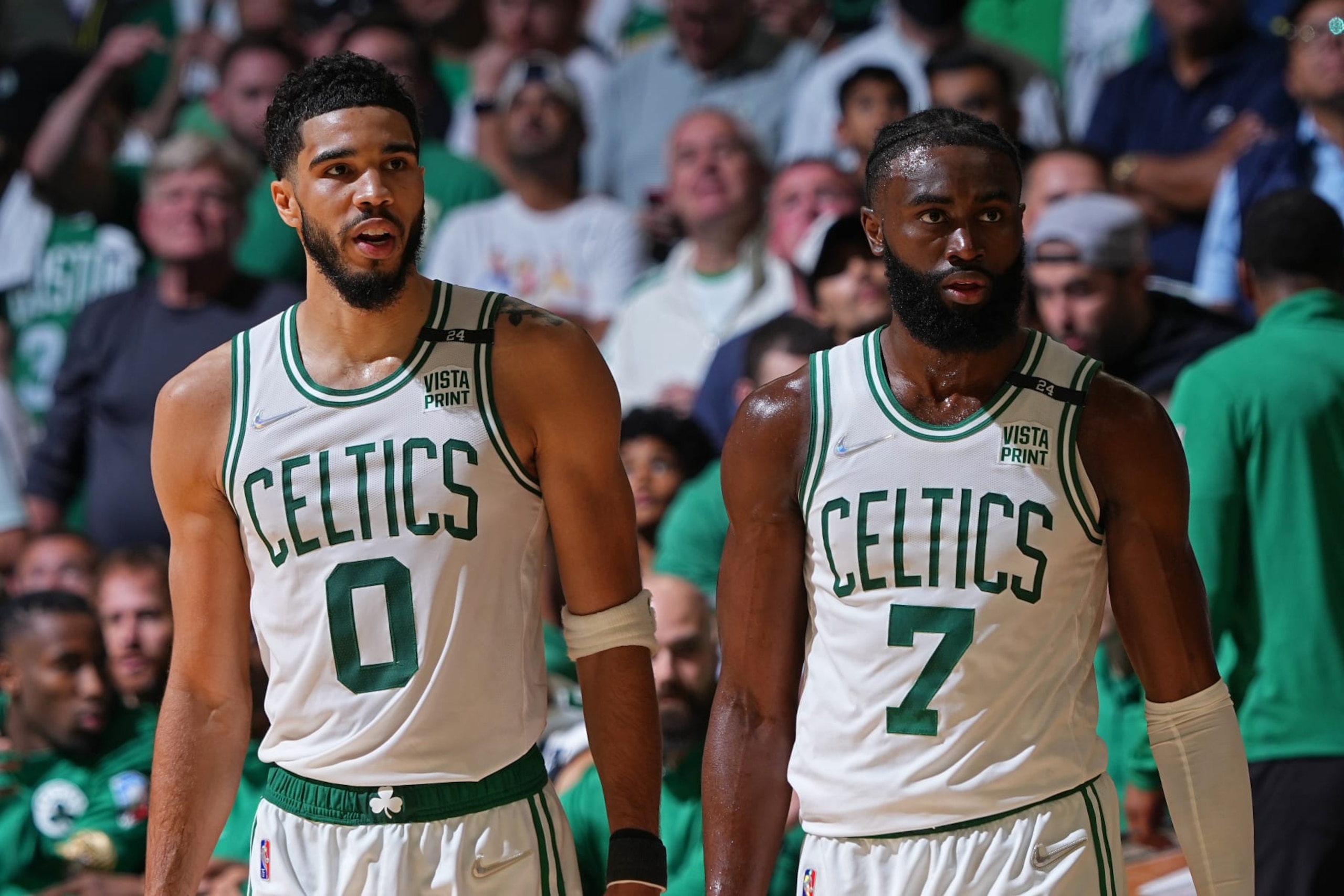 BOSTON, MA - JUNE 10:  Jayson Tatum #0 and Jaylen Brown #7 of the Boston Celtics walk off the court against the Golden State Warriors during Game Four of the 2022 NBA Finals on June 10, 2022 at TD Garden in Boston, Massachusetts. NOTE TO USER: User expressly acknowledges and agrees that, by downloading and or using this photograph, user is consenting to the terms and conditions of Getty Images License Agreement. Mandatory Copyright Notice: Copyright 2022 NBAE (Photo by Garrett Ellwood/NBAE via Getty Images)