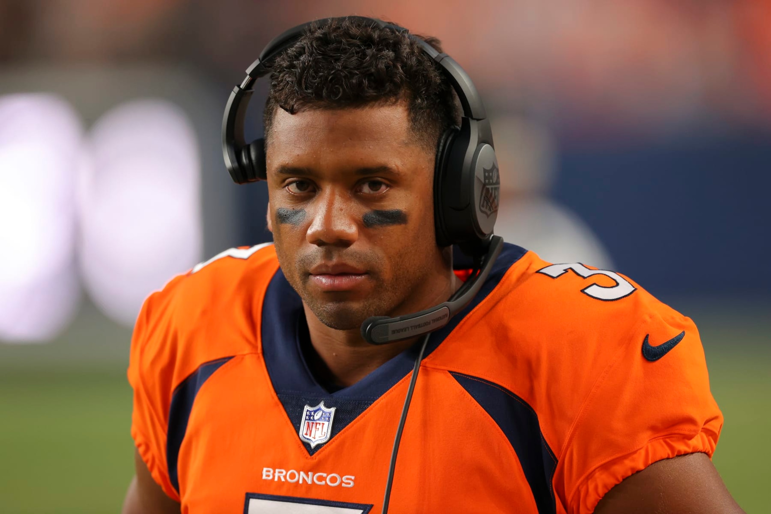 DENVER, CO - AUGUST 13: Russell Wilson #3 of the Denver Broncos looks on during the second quarter against the Dallas Cowboys at Empower Field At Mile High on August 13, 2022 in Denver, Colorado. (Photo by C. Morgan Engel/Getty Images)