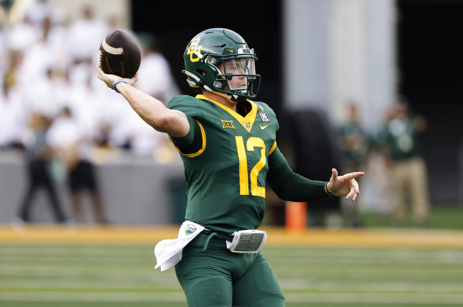 WACO, TX -SEPTEMBER 3: Blake Shapen #12 of the Baylor Bears looks throws against the Albany Great Danes in the first half at McLane Stadium on September 3, 2022 in Waco, Texas. (Photo by Ron Jenkins/Getty Images)