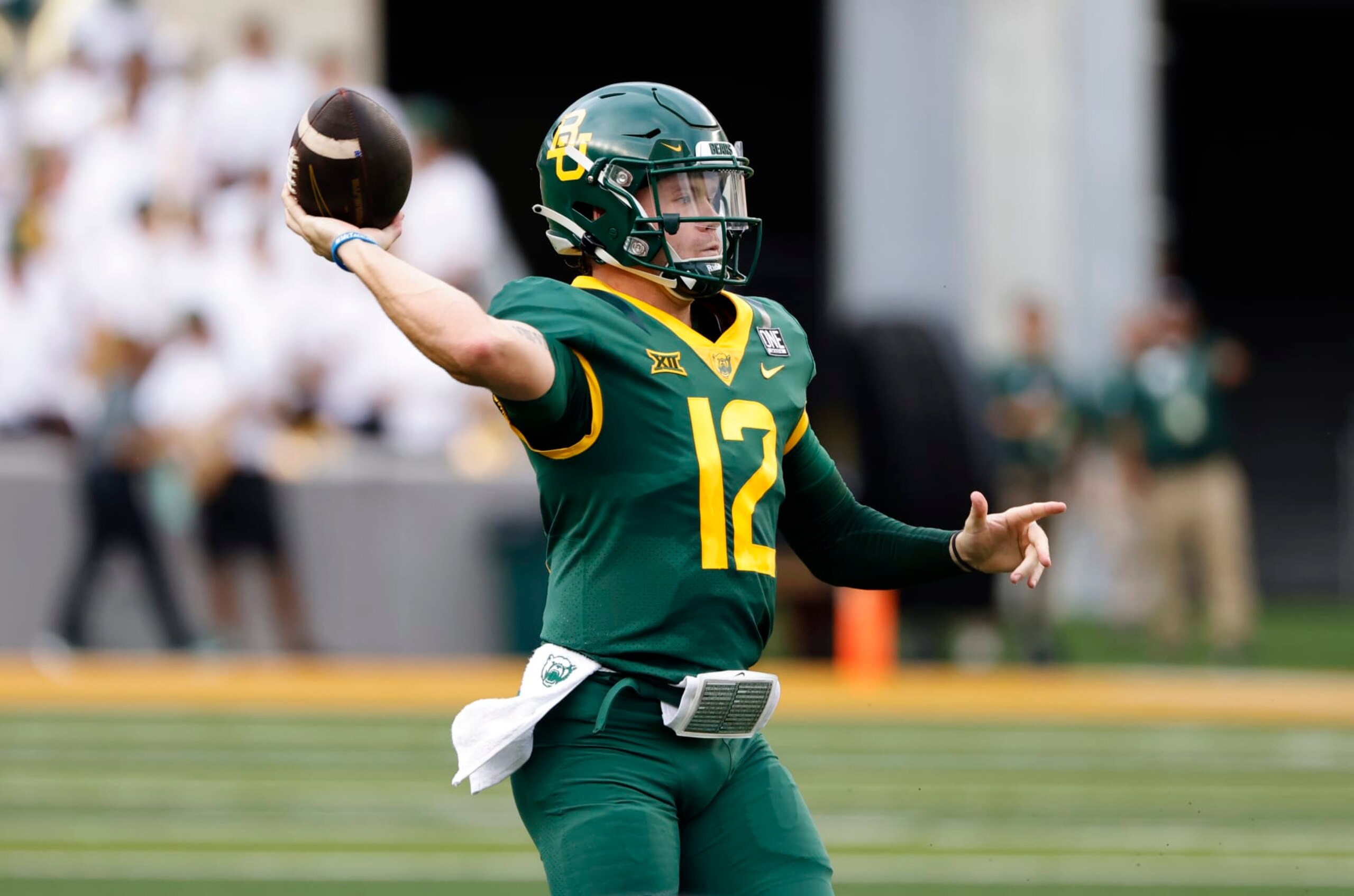 WACO, TX -SEPTEMBER 3: Blake Shapen #12 of the Baylor Bears looks throws against the Albany Great Danes in the first half at McLane Stadium on September 3, 2022 in Waco, Texas. (Photo by Ron Jenkins/Getty Images) WACO, TX -SEPTEMBER 3: Blake Shapen #12 of the Baylor Bears looks throws against the Albany Great Danes in the first half at McLane Stadium on September 3, 2022 in Waco, Texas. (Photo by Ron Jenkins/Getty Images)