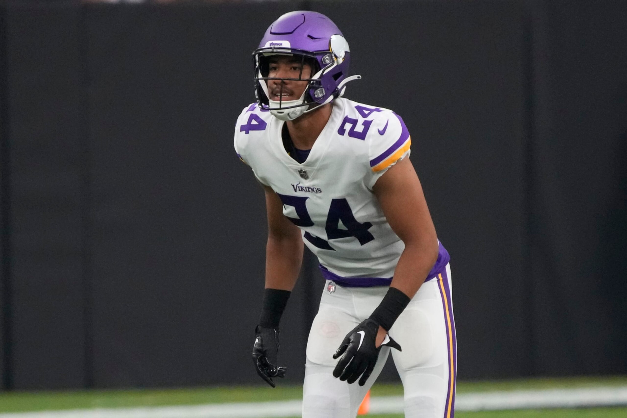 Minnesota Vikings safety Camryn Bynum (24) during the first half of an NFL preseason football game against the Las Vegas Raiders, Sunday, Aug. 14, 2022, in Las Vegas. (AP Photo/Rick Scuteri)