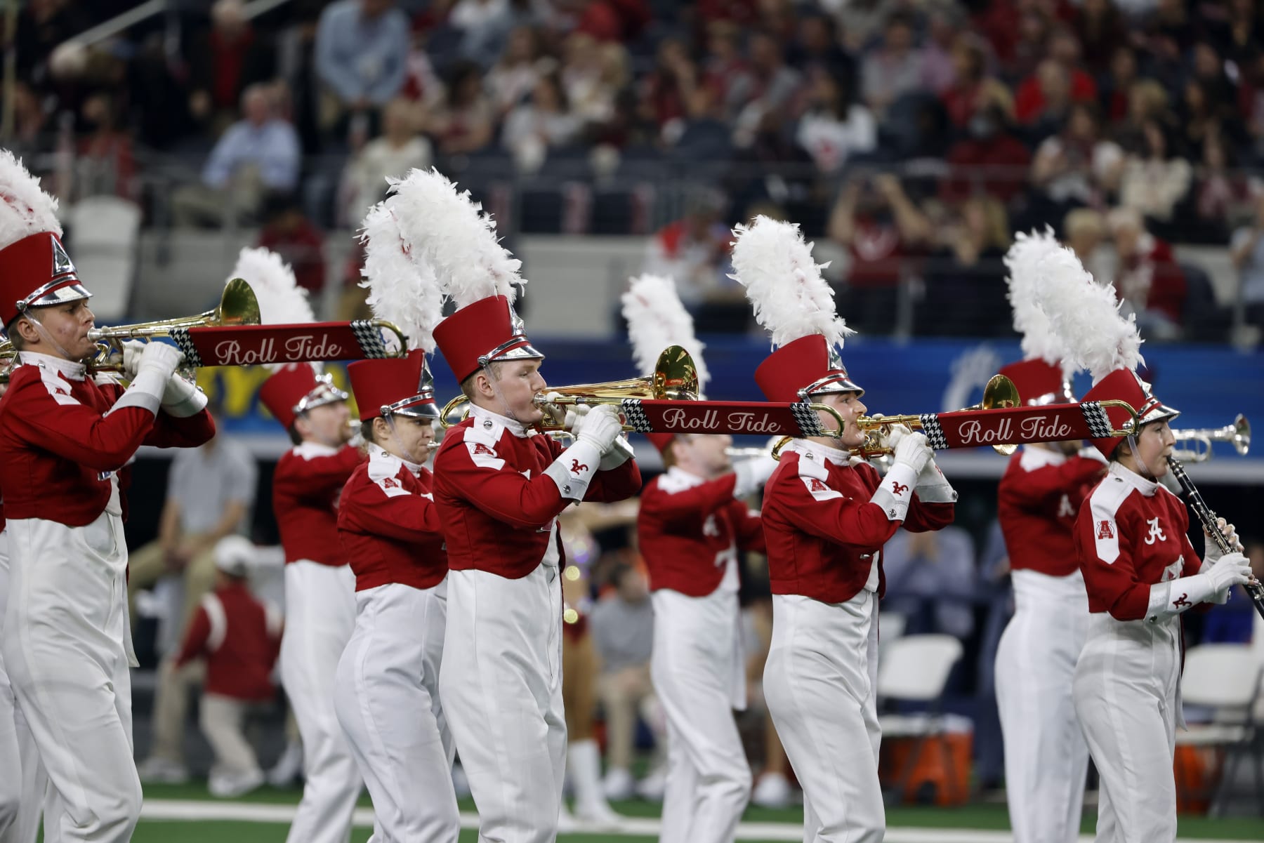 The Alabama marching band performs before the Cotton Bowl NCAA College Football Playoff semifinal gameagainst Cincinnati , Friday, Dec. 31, 2021, in Arlington, Texas. (AP Photo/Michael Ainsworth)