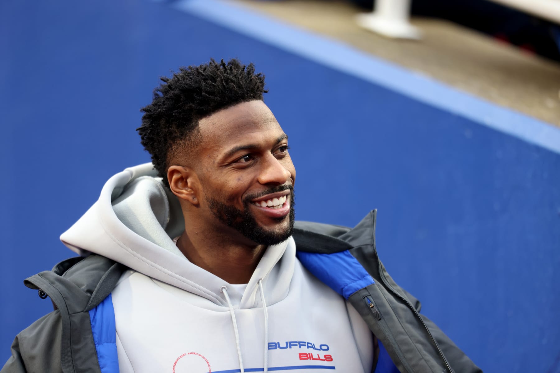 ORCHARD PARK, NEW YORK - JANUARY 09: Emmanuel Sanders #1 of the Buffalo Bills walks to the field prior to a game against the New York Jets at Highmark Stadium on January 09, 2022 in Orchard Park, New York. (Photo by Bryan Bennett/Getty Images)