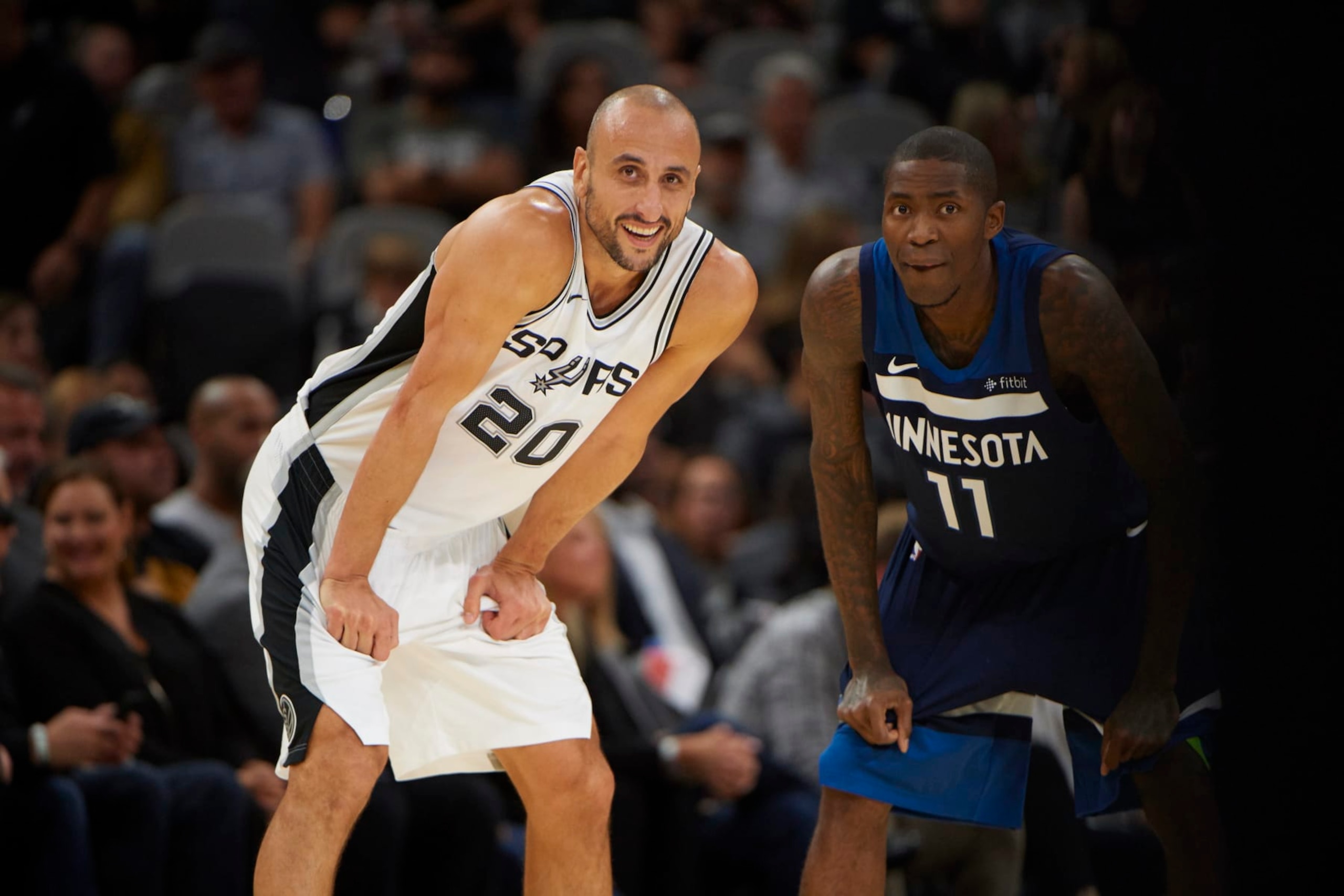 Basketball: San Antonio Spurs Manu Ginobili (20) with Minnesota Timberwolves Jamal Crawford (11) during game at AT&T Center.
San Antonio, TX 10/17/2017
CREDIT: Greg Nelson (Photo by Greg Nelson /Sports Illustrated via Getty Images)
(Set Number: X161458 TK1 )