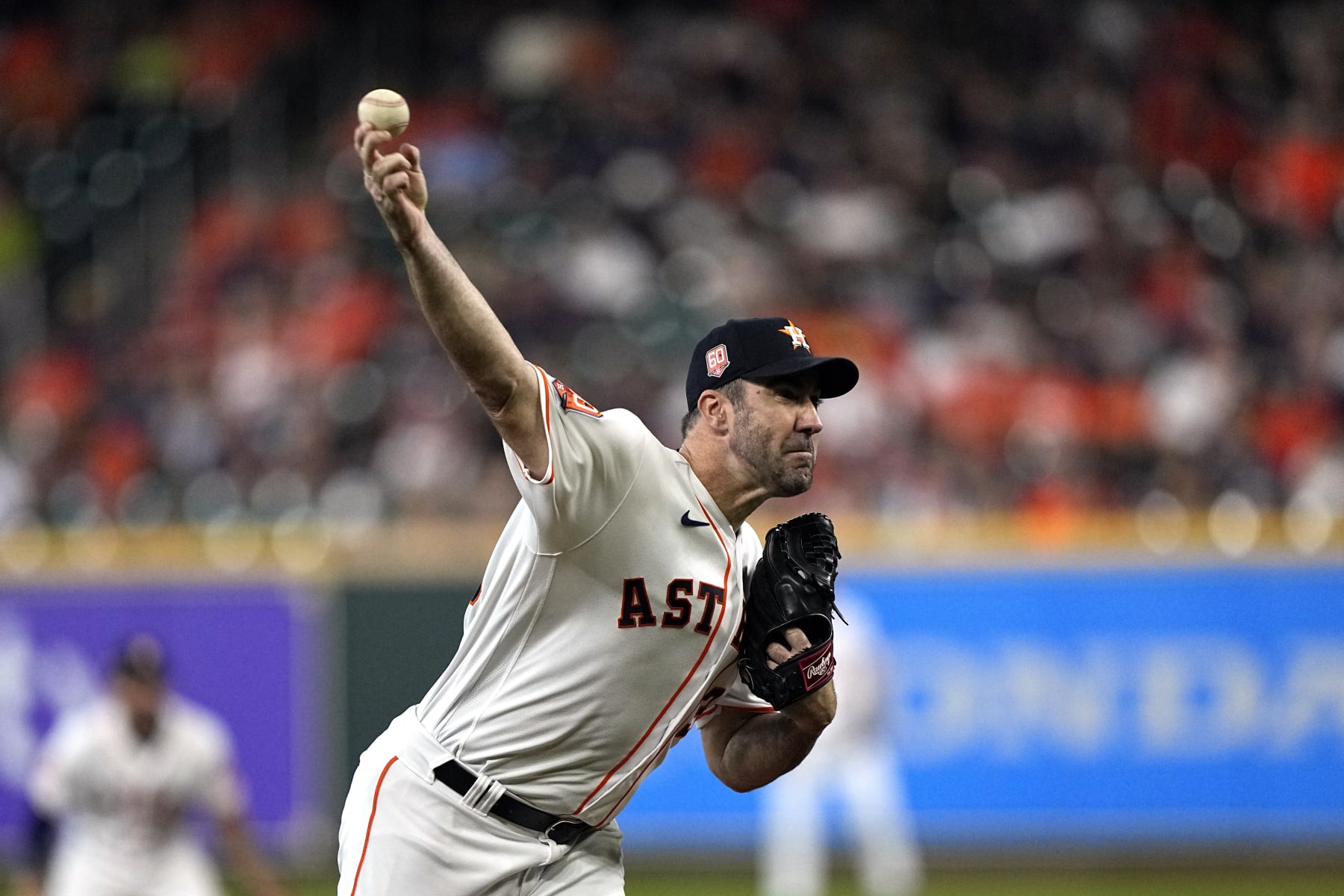 Houston Astros starting pitcher Justin Verlander throws against the Minnesota Twins during the first inning of a baseball game Tuesday, Aug. 23, 2022, in Houston. (AP Photo/David J. Phillip)
