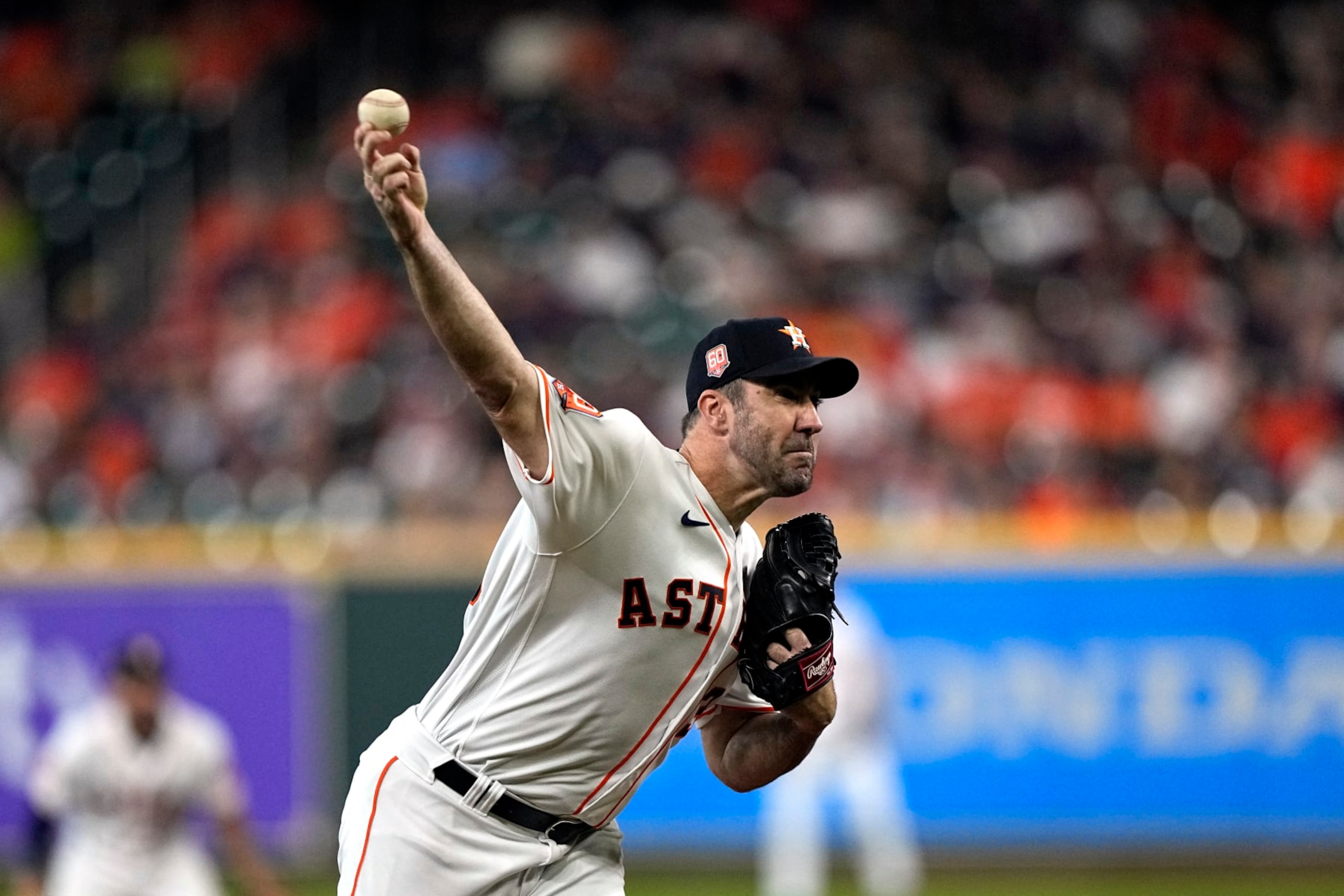 Houston Astros starting pitcher Justin Verlander throws against the Minnesota Twins during the first inning of a baseball game Tuesday, Aug. 23, 2022, in Houston. (AP Photo/David J. Phillip)