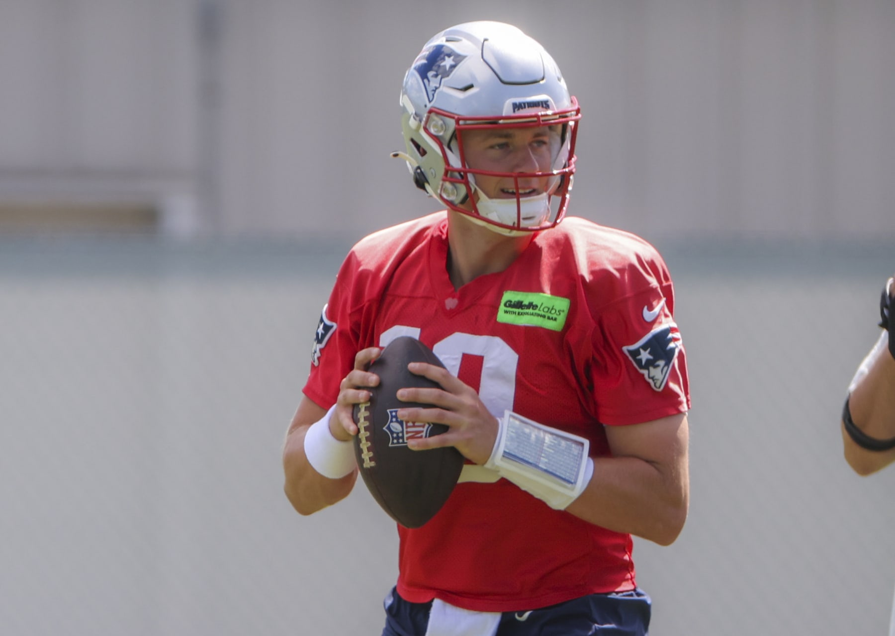Foxborough, MA - August 31: New England Patriots Mac Jones during practice. (Photo by Matthew J. Lee/The Boston Globe via Getty Images)