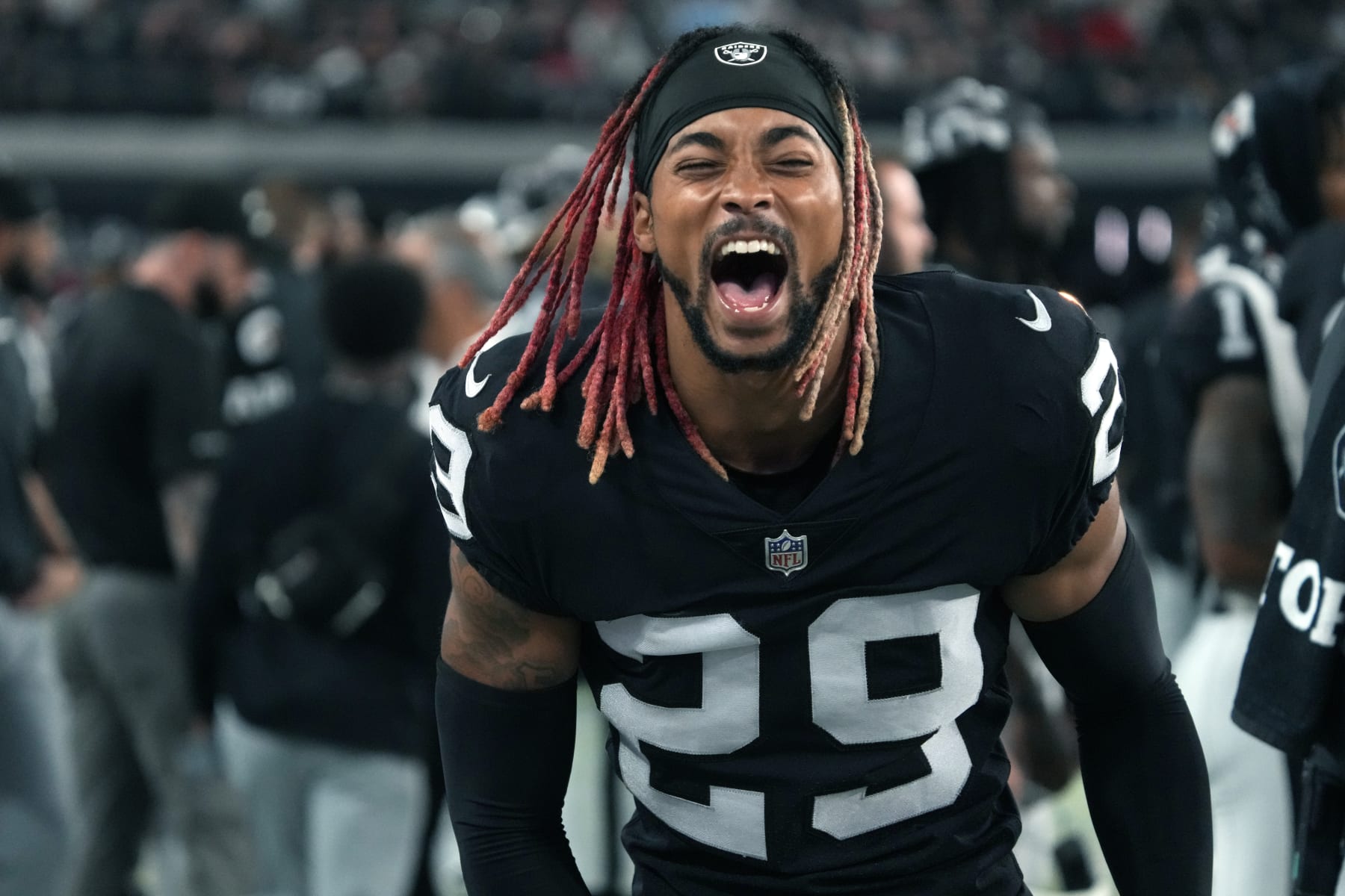 Las Vegas Raiders cornerback Anthony Averett (29) watches action against the New England Patriots during the first half of an NFL preseason football game, Friday, Aug. 26, 2022, in Las Vegas. (AP Photo/Rick Scuteri)