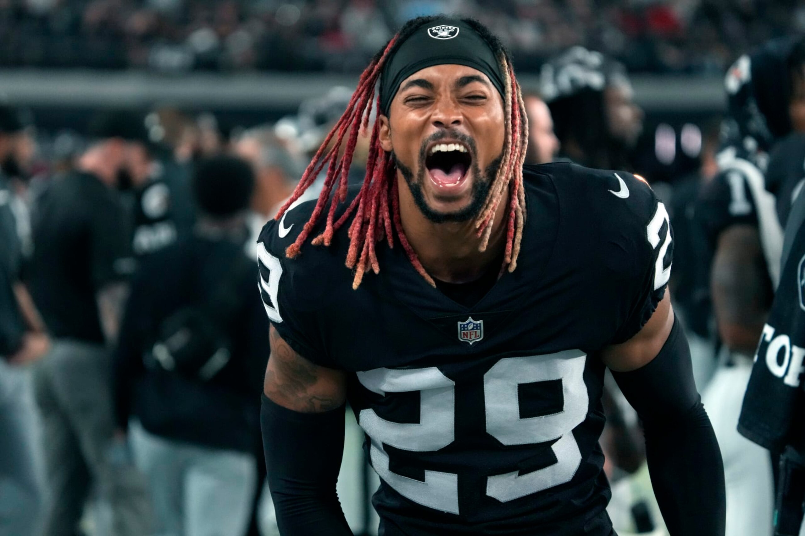 Las Vegas Raiders cornerback Anthony Averett (29) watches action against the New England Patriots during the first half of an NFL preseason football game, Friday, Aug. 26, 2022, in Las Vegas. (AP Photo/Rick Scuteri)