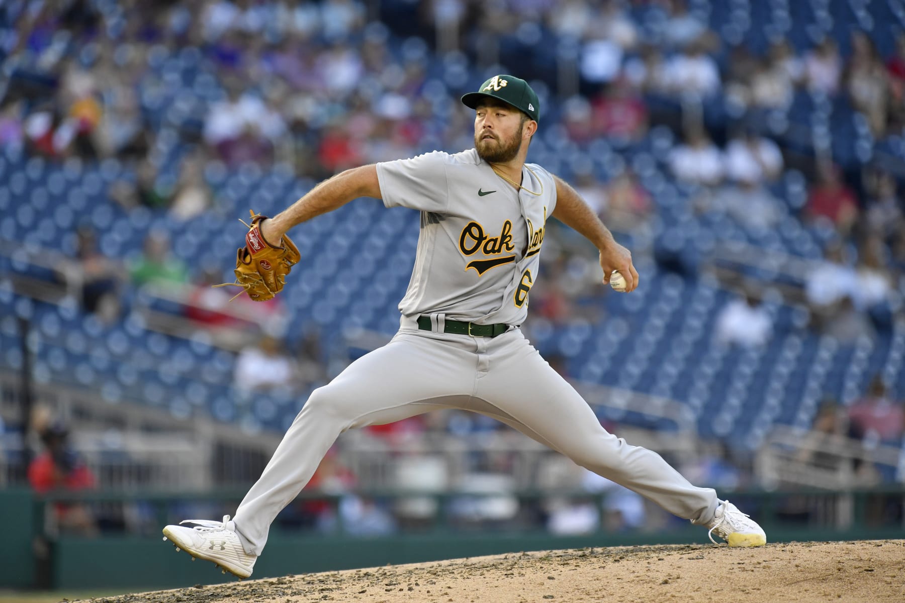WASHINGTON, DC - SEPTEMBER 01: Athletics pitcher Ken Waldichuk (64) throws a pitch during the Oakland Athletics As versus Washington Nationals MLB game at Nationals Park on September 1, 2022 in Washington, D.C.. (Photo by Randy Litzinger/Icon Sportswire via Getty Images)