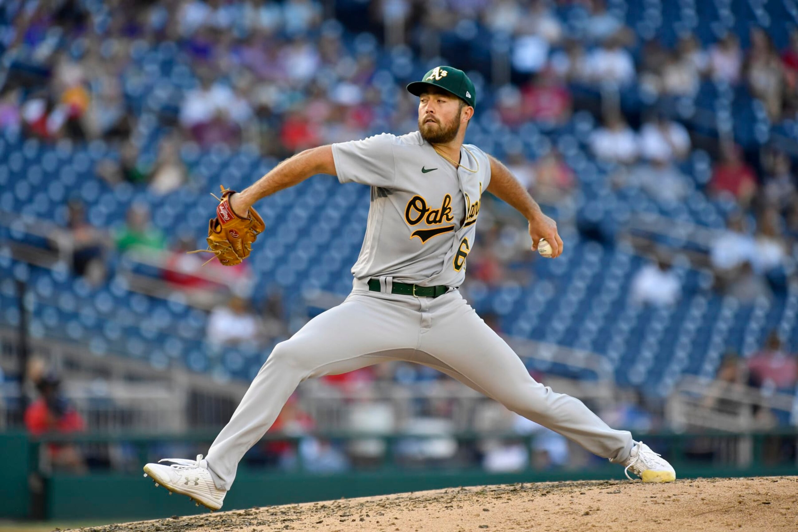 WASHINGTON, DC - SEPTEMBER 01: Athletics pitcher Ken Waldichuk (64) throws a pitch during the Oakland Athletics As versus Washington Nationals MLB game at Nationals Park on September 1, 2022 in Washington, D.C.. (Photo by Randy Litzinger/Icon Sportswire via Getty Images)