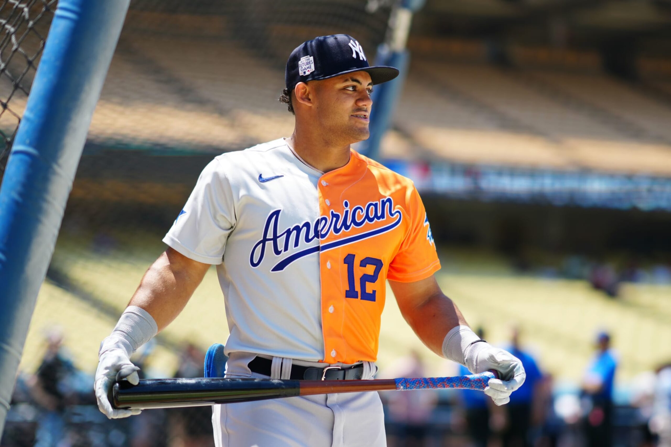 LOS ANGELES, CA - JULY 16: Jasson Dominguez #12 of the New York Yankees looks on during batting practice prior to the 2022 SiriusXM All-Star Futures Game at Dodger Stadium on Saturday, July 16, 2022 in Los Angeles, California. (Photo by Daniel Shirey/MLB Photos via Getty Images)