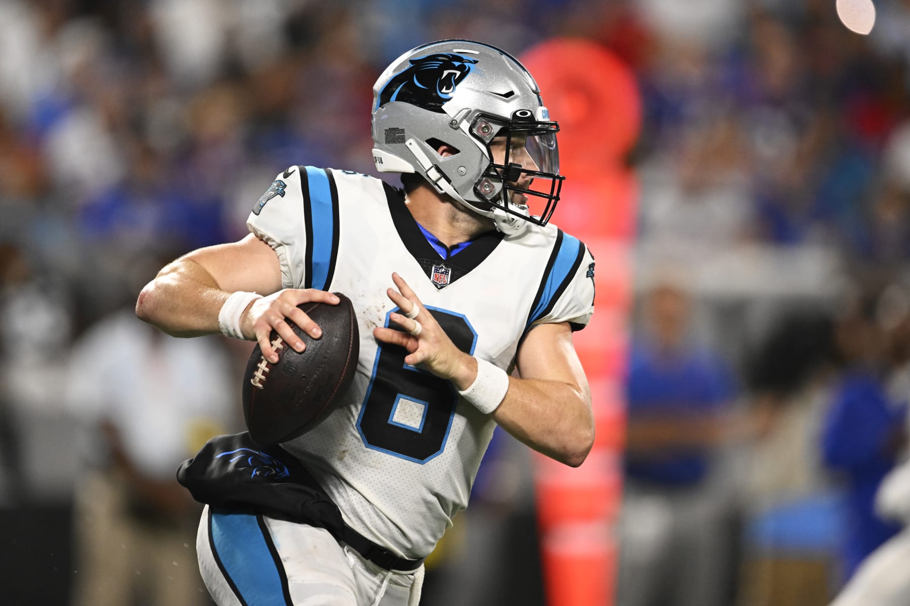 CHARLOTTE, NORTH CAROLINA - AUGUST 26: Baker Mayfield #6 of the Carolina Panthers runs with the ball in the first quarter against the Buffalo Bills during a preseason game at Bank of America Stadium on August 26, 2022 in Charlotte, North Carolina. (Photo by Eakin Howard/Getty Images)