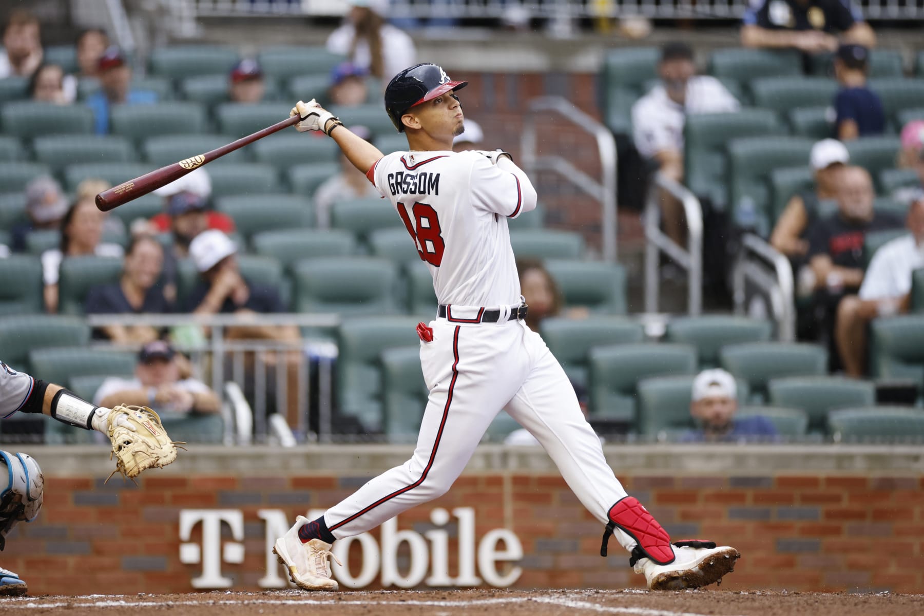 ATLANTA, GA - SEPTEMBER 04: Atlanta Braves second baseman Vaughn Grissom (18) bats during an MLB game against the Miami Marlins on September 4, 2022 at Truist Park in Atlanta, Georgia. (Photo by Joe Robbins/Icon Sportswire via Getty Images)