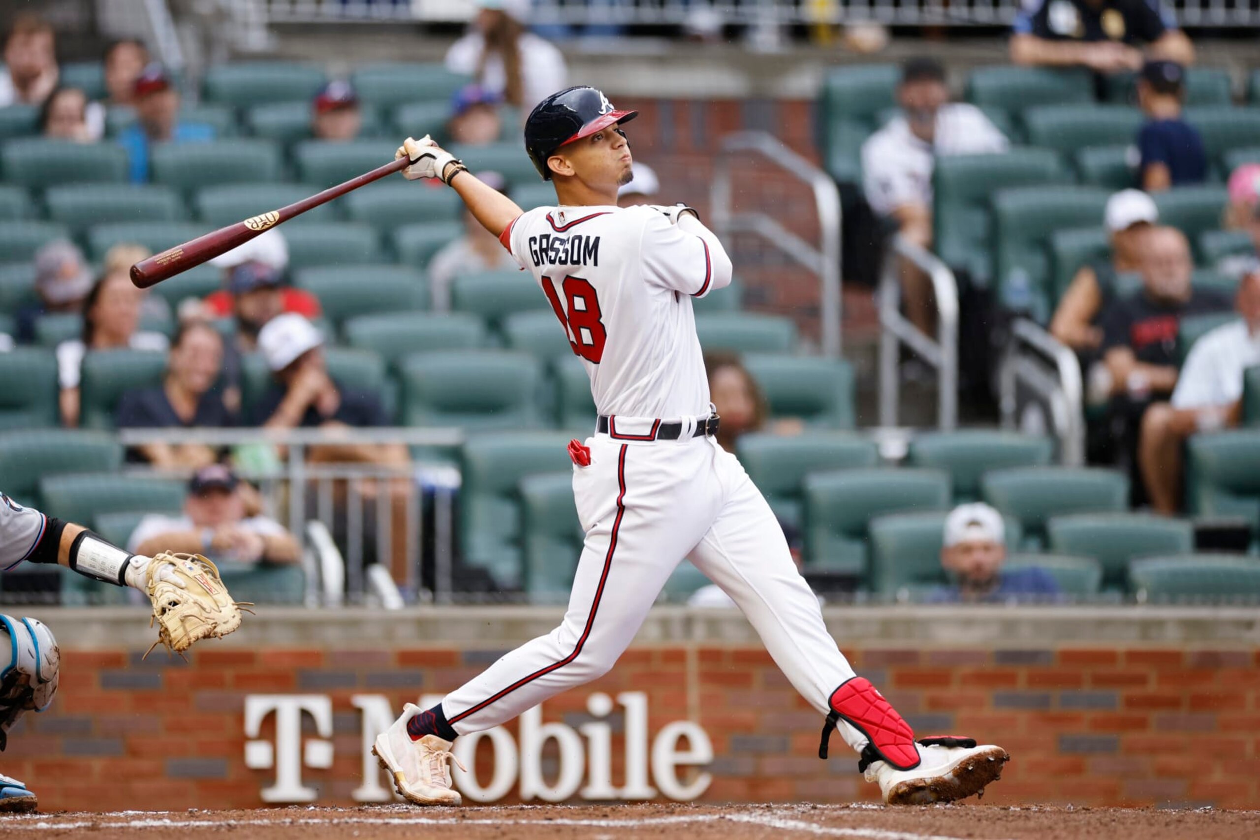 ATLANTA, GA - SEPTEMBER 04: Atlanta Braves second baseman Vaughn Grissom (18) bats during an MLB game against the Miami Marlins on September 4, 2022 at Truist Park in Atlanta, Georgia. (Photo by Joe Robbins/Icon Sportswire via Getty Images)