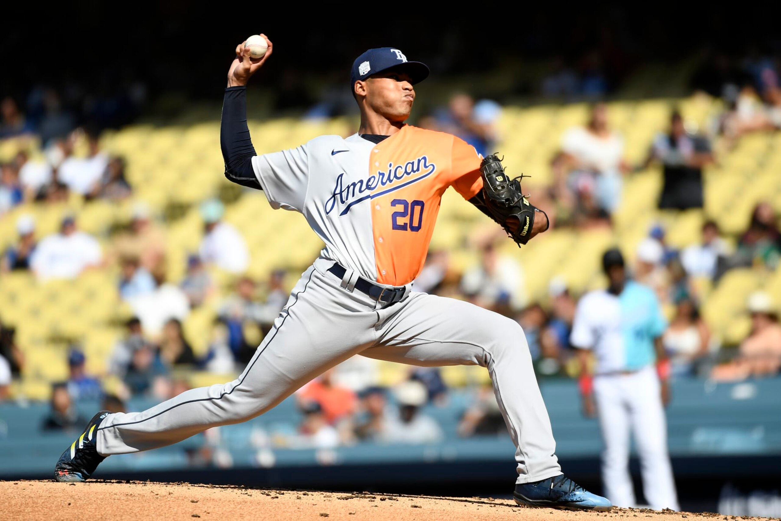 LOS ANGELES, CALIFORNIA - JULY 16: Taj Bradley #20 of the American League pitches during the SiriusXM All-Star Futures Game against the National League at Dodger Stadium on July 16, 2022 in Los Angeles, California. (Photo by Kevork Djansezian/Getty Images)