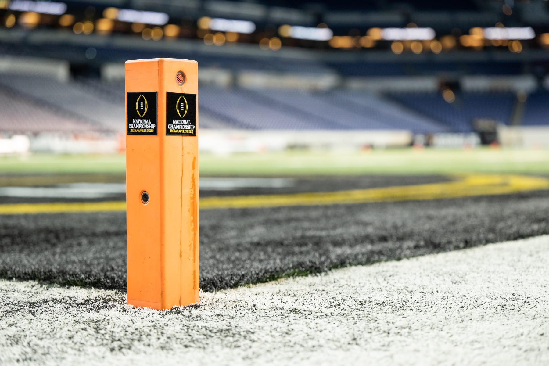 INDIANAPOLIS, IN - JANUARY 10: A end zone pylon with the CFP Playoffs logo during the Alabama Crimson Tide versus the Georgia Bulldogs in the College Football Playoff National Championship, on January 10, 2022, at Lucas Oil Stadium in Indianapolis, IN. (Photo by Zach Bolinger/Icon Sportswire via Getty Images)