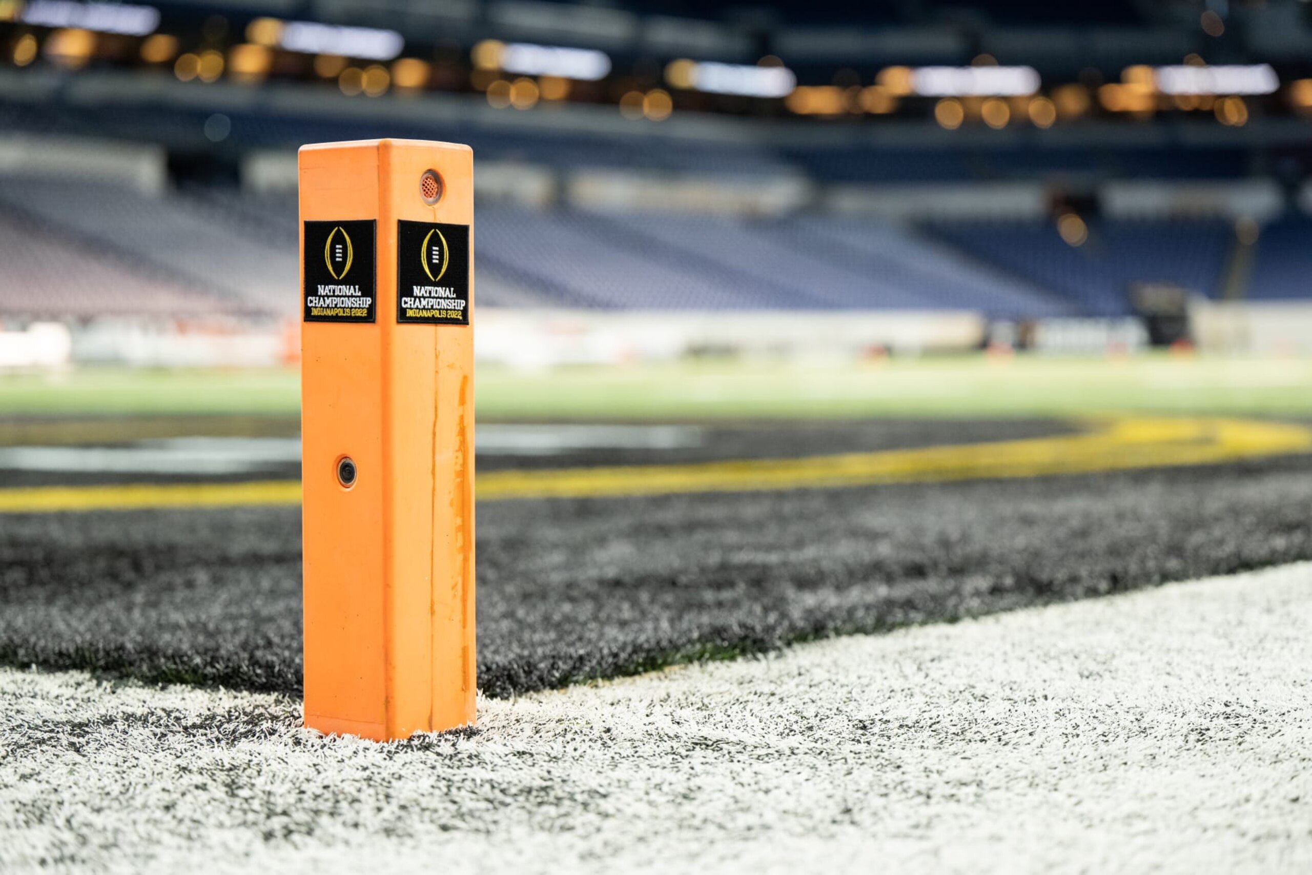 INDIANAPOLIS, IN - JANUARY 10: A end zone pylon with the CFP Playoffs logo during the Alabama Crimson Tide versus the Georgia Bulldogs in the College Football Playoff National Championship, on January 10, 2022, at Lucas Oil Stadium in Indianapolis, IN. (Photo by Zach Bolinger/Icon Sportswire via Getty Images)