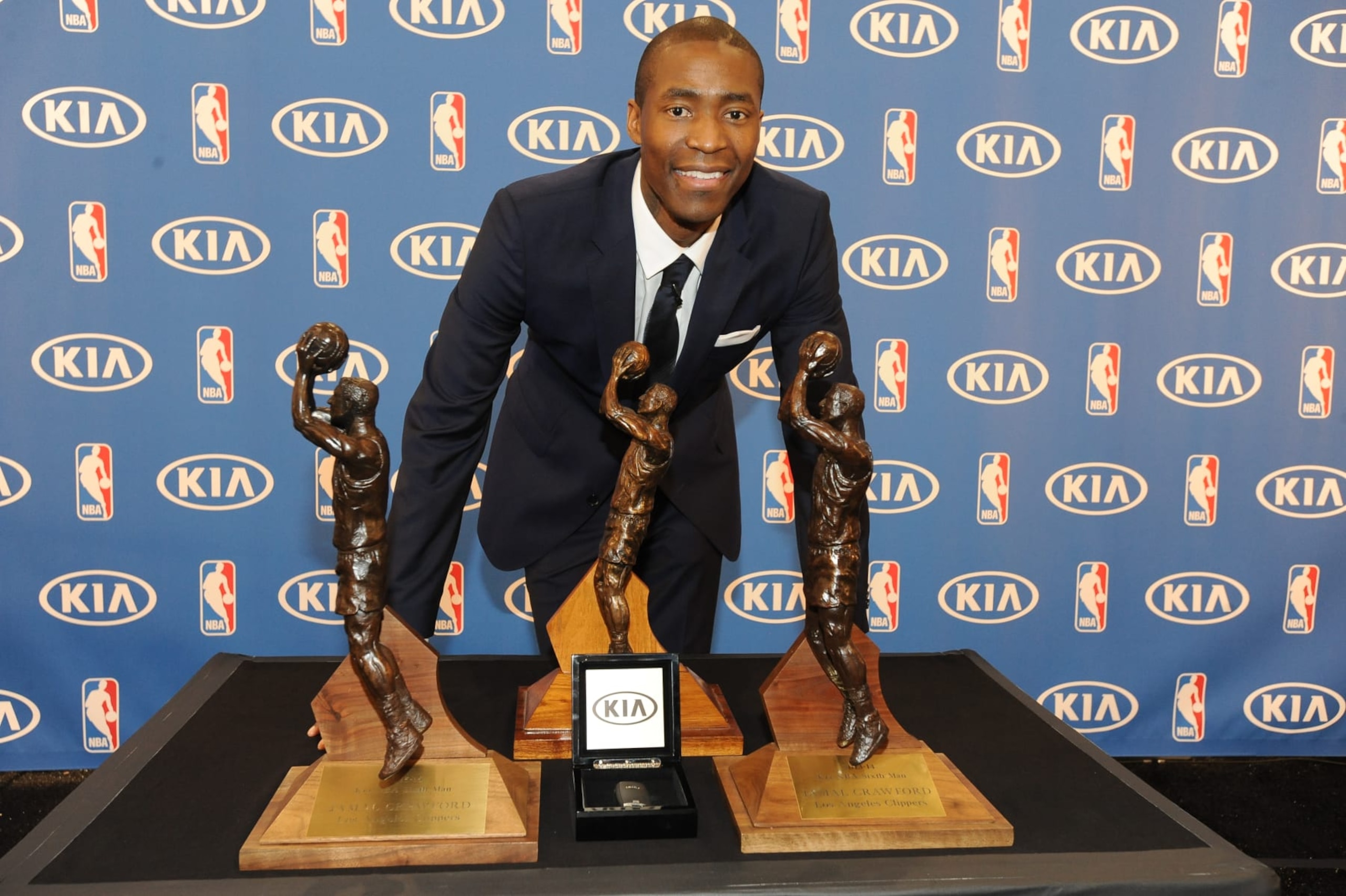 PLAYA VISTA, CA - APRIL 19: Jamal Crawford of the Los Angeles Clippers poses his three Kia NBA Sixth Man Awards in Playa Vista, California on April 19, 2016.  NOTE TO USER: User expressly acknowledges and agrees that, by downloading and or using this photograph, User is consenting to the terms and conditions of the Getty Images License Agreement. Mandatory Copyright Notice: Copyright 2016 NBAE  (Photo by Andrew D. Bernstein/NBAE via Getty Images)