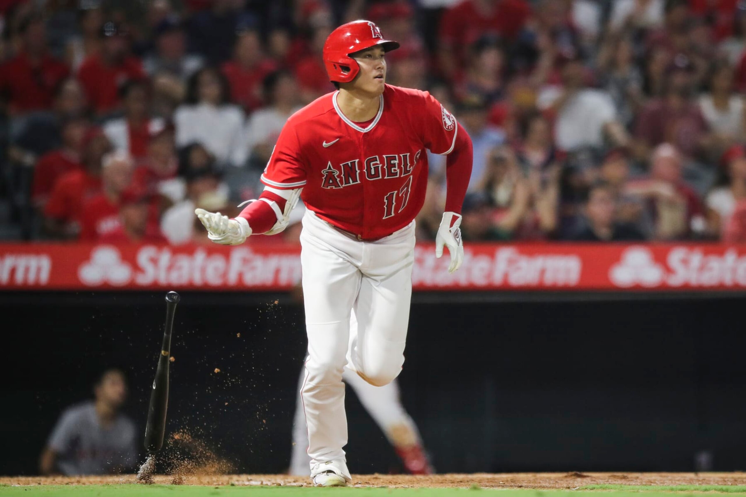 ANAHEIM, CALIFORNIA - SEPTEMBER 05: Shohei Ohtani #17 of the Los Angeles Angels hits a two-run home run in the third inning against the Detroit Tigers at Angel Stadium of Anaheim on September 05, 2022 in Anaheim, California. (Photo by Meg Oliphant/Getty Images)