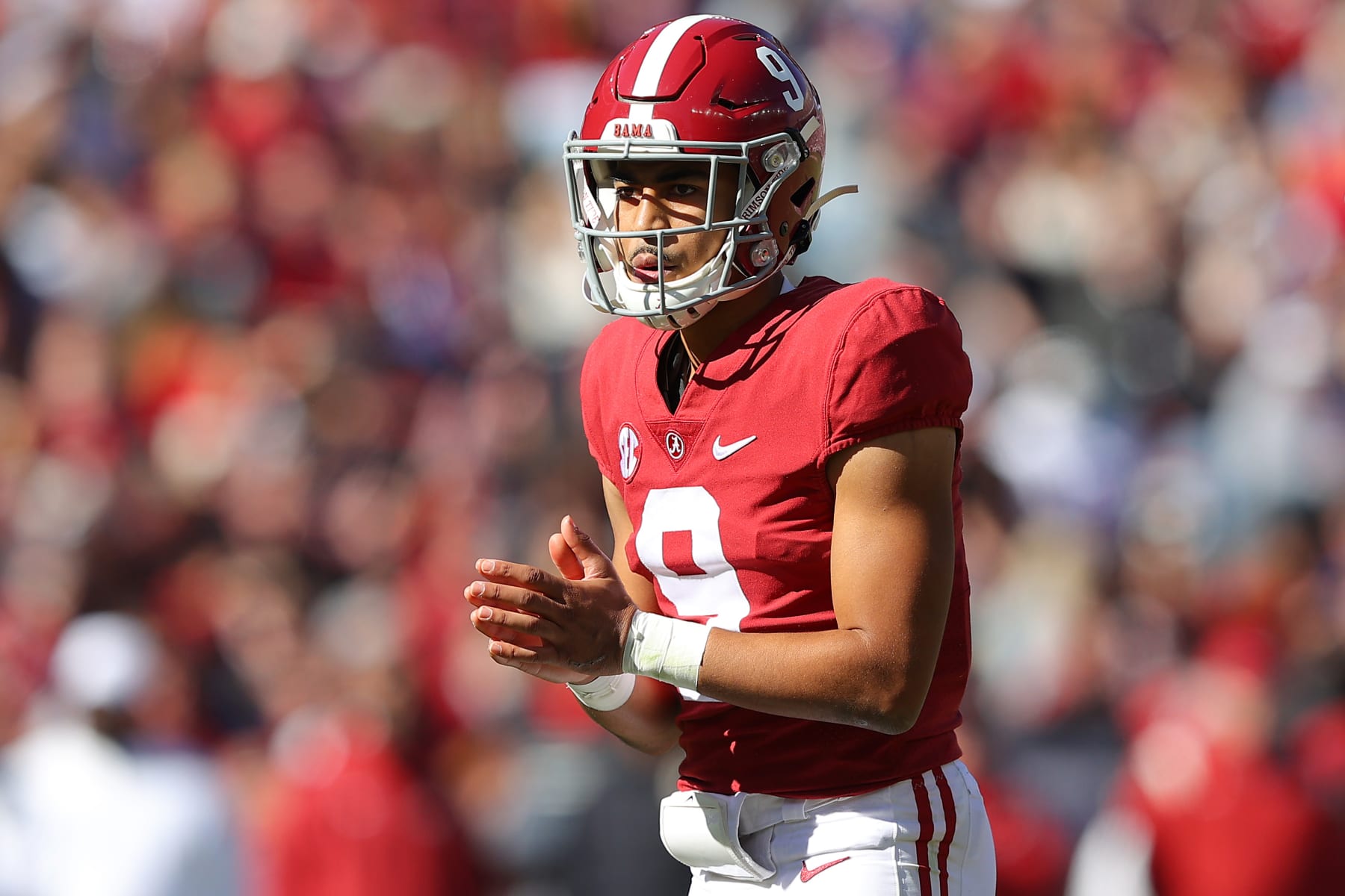 TUSCALOOSA, ALABAMA - NOVEMBER 13: Bryce Young #9 of the Alabama Crimson Tide reacts during the game against the New Mexico State Aggies during the second quarter in the game at Bryant-Denny Stadium on November 13, 2021 in Tuscaloosa, Alabama. (Photo by Kevin C. Cox/Getty Images)