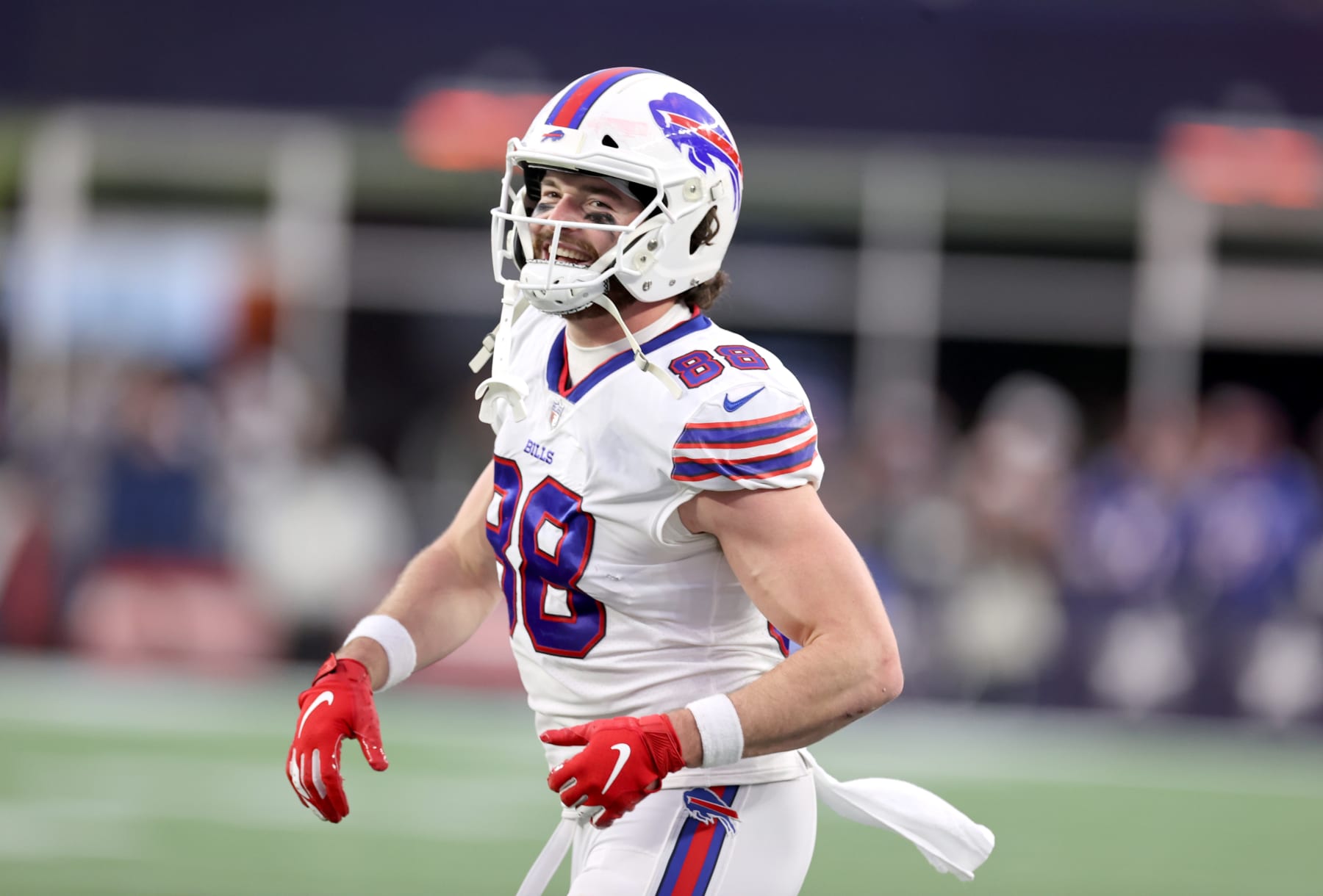 Foxborough, MA - December 26: Bills Dawson Knox after his touchdown in the fourth quarter. The New England Patriots host the Buffalo Bills in an NFL game on Sunday, Dec. 26, 2021 at Gillette Stadium in Foxborough, MA. (Photo by Stan Grossfeld/The Boston Globe via Getty Images)