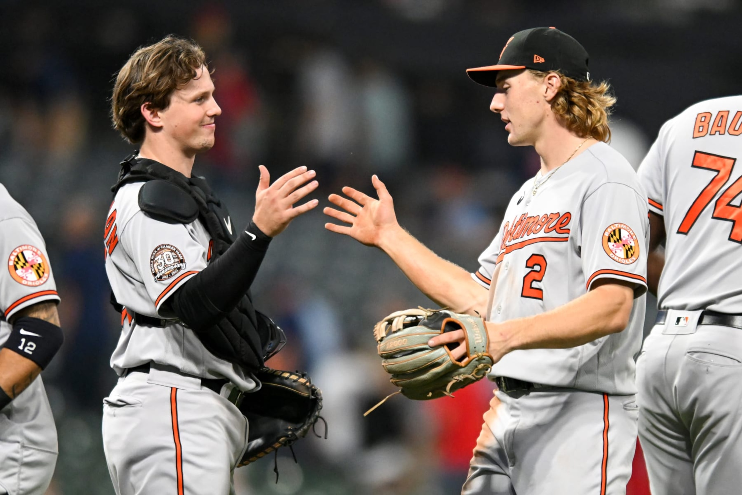 CLEVELAND, OH - AUGUST 31: Adley Rutschman #35 and Gunnar Henderson #2 of the Baltimore Orioles celebrate the team's 4-0 win over the Cleveland Guardians in Henderson's Major League debut at Progressive Field on August 31, 2022 in Cleveland, Ohio. (Photo by Nick Cammett/Diamond Images via Getty Images)