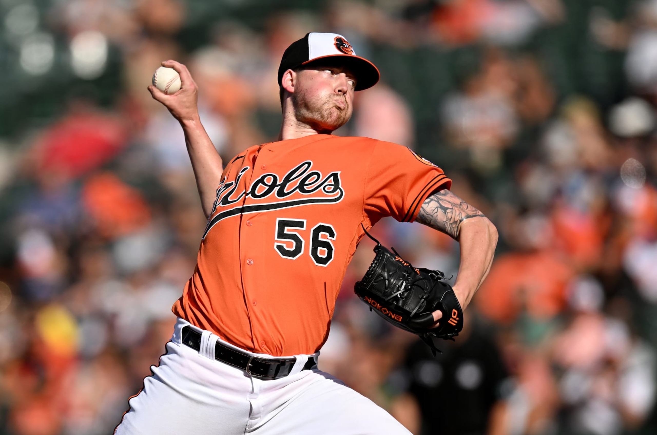 BALTIMORE, MARYLAND - AUGUST 20: Kyle Bradish #56 of the Baltimore Orioles pitches against the Boston Red Sox at Oriole Park at Camden Yards on August 20, 2022 in Baltimore, Maryland. (Photo by G Fiume/Getty Images)