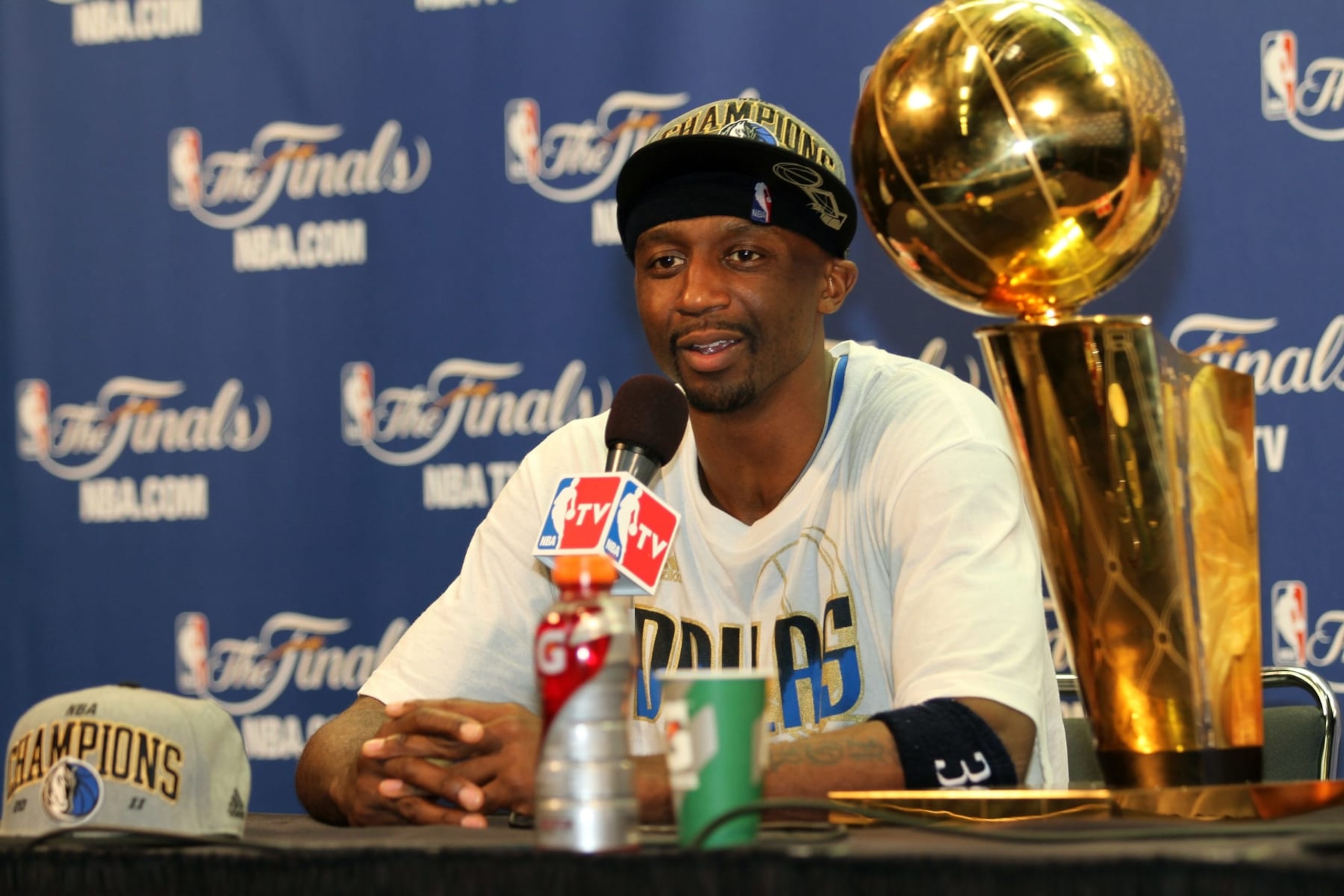 MIAMI, FL - JUNE 12:  Jason Terry #31 of the Dallas Mavericks speaks to the media after winning the NBA Championship by defeating the Miami Heat in Game Six of the 2011 NBA Finals on June 12, 2011 at the American Airlines Arena in Miami, Florida. NOTE TO USER: User expressly acknowledges and agrees that, by downloading and/or using this photograph, user is consenting to the terms and conditions of the Getty Images License Agreement.  Mandatory Copyright Notice: Copyright 2011 NBAE (Photo by Ray Amati/NBAE via Getty Images)