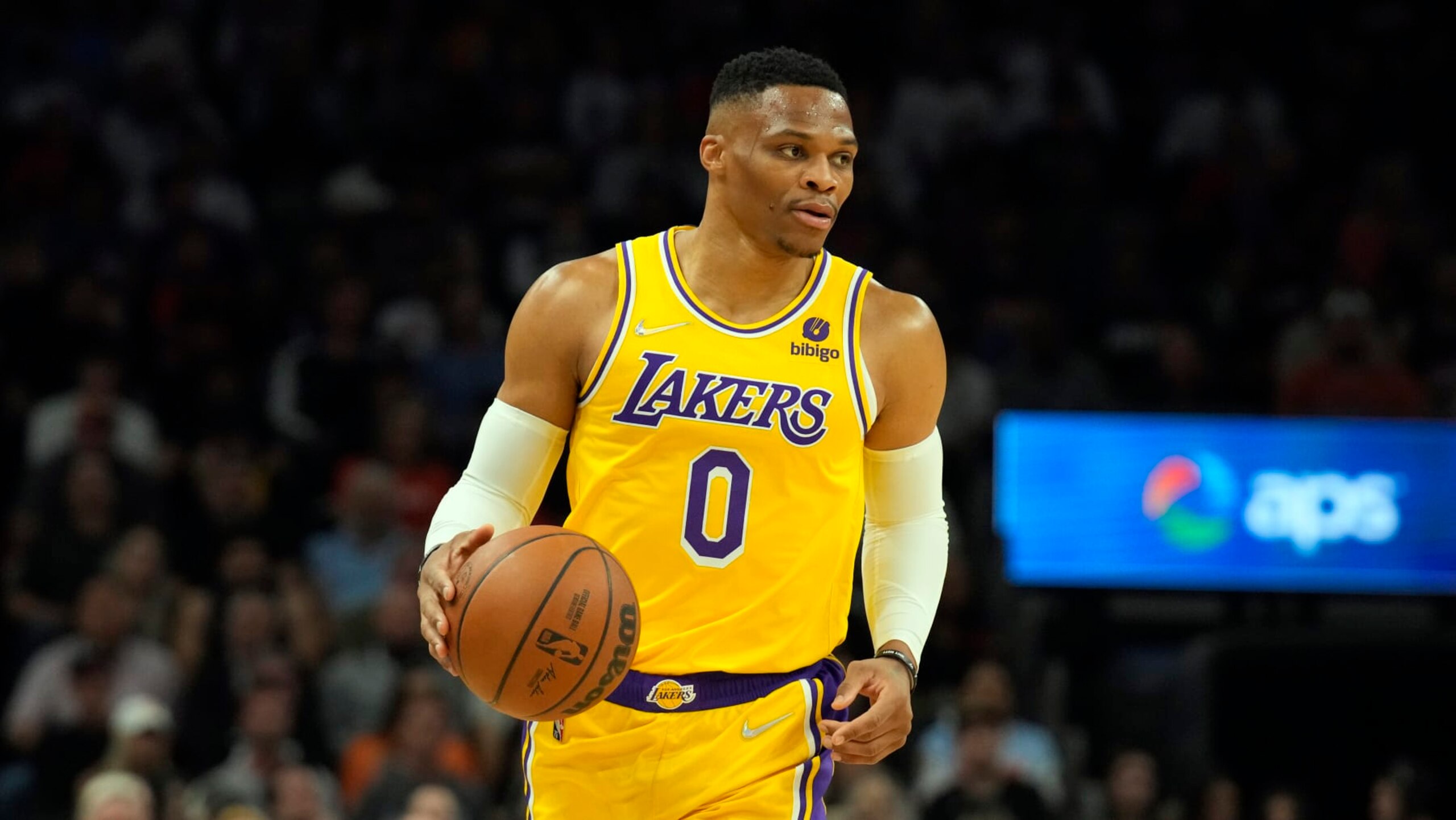 Los Angeles Lakers guard Russell Westbrook (0) during the first half of an NBA basketball game against the Phoenix Suns, Tuesday, April 5, 2022, in Phoenix. (AP Photo/Rick Scuteri) Los Angeles Lakers guard Russell Westbrook (0) during the first half of an NBA basketball game against the Phoenix Suns, Tuesday, April 5, 2022, in Phoenix. (AP Photo/Rick Scuteri)