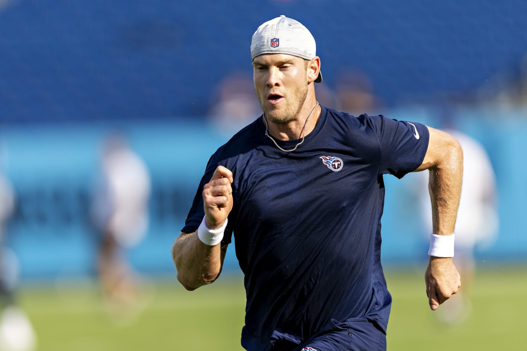 NASHVILLE, TENNESSEE - AUGUST 27: Ryan Tannehill #17 of the Tennessee Titans warms up before a preseason game against the Arizona Cardinals at Nissan Stadium on August 27, 2022 in Nashville, Tennessee. (Photo by Wesley Hitt/Getty Images)