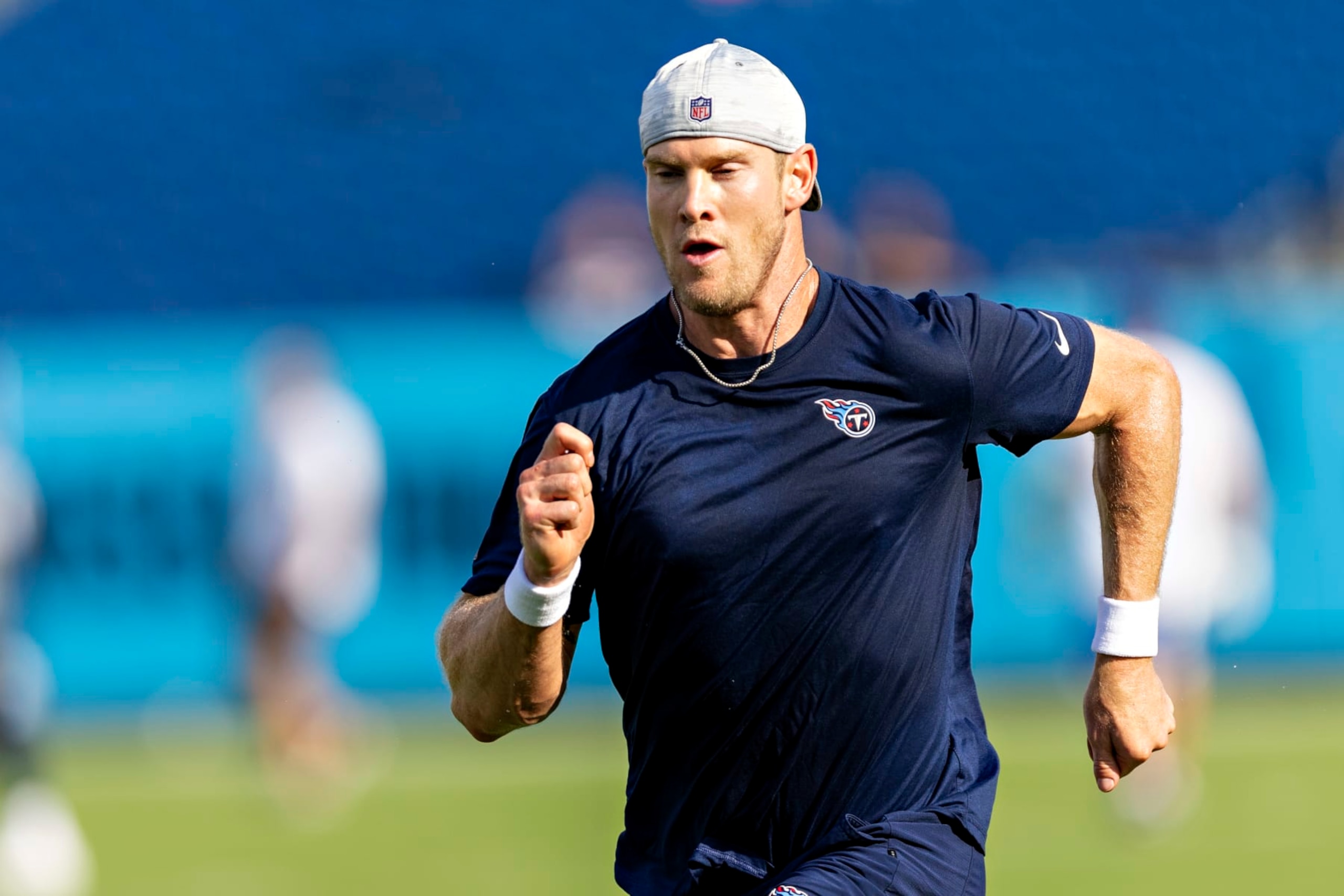 NASHVILLE, TENNESSEE - AUGUST 27: Ryan Tannehill #17 of the Tennessee Titans warms up before a preseason game against the Arizona Cardinals at Nissan Stadium on August 27, 2022 in Nashville, Tennessee. (Photo by Wesley Hitt/Getty Images)