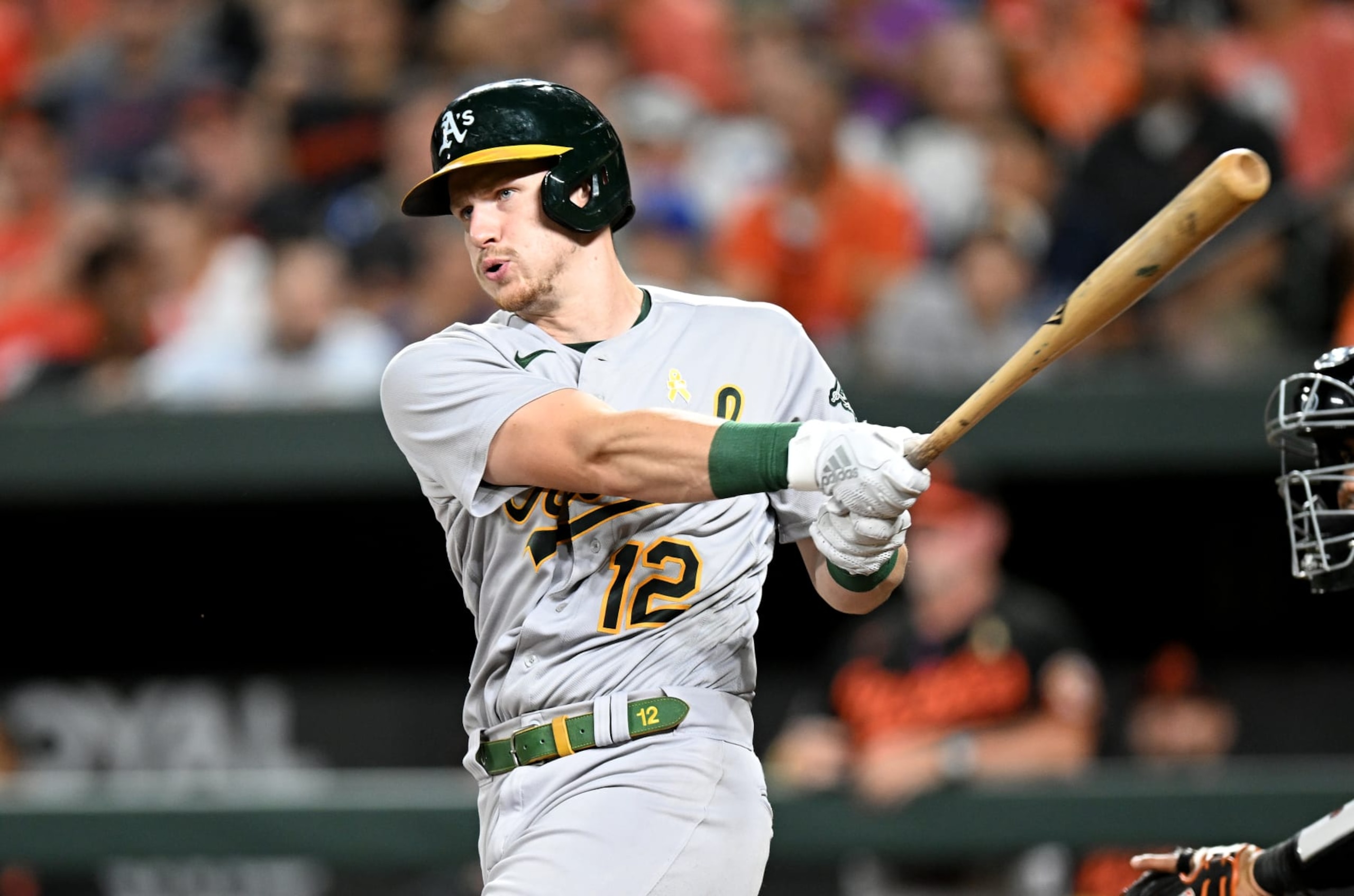 BALTIMORE, MARYLAND - SEPTEMBER 02: Sean Murphy #12 of the Oakland Athletics bats against the Baltimore Orioles at Oriole Park at Camden Yards on September 02, 2022 in Baltimore, Maryland. (Photo by G Fiume/Getty Images)