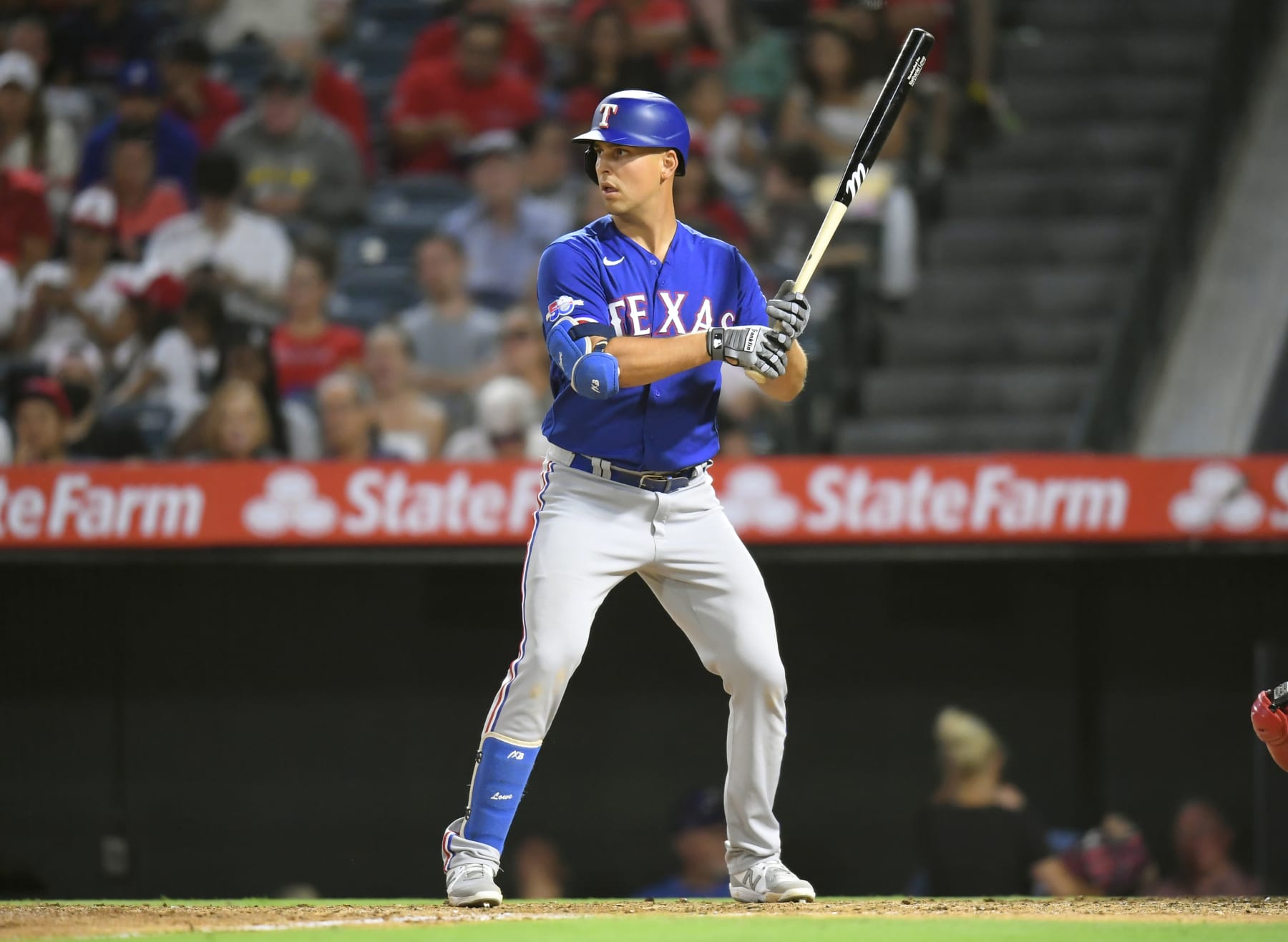 ANAHEIM, CA - JULY 30: Nathaniel Lowe #30 of the Texas Rangers at bat against the Los Angeles Angels at Angel Stadium of Anaheim on July 30, 2022 in Anaheim, California. (Photo by John McCoy/Getty Images)